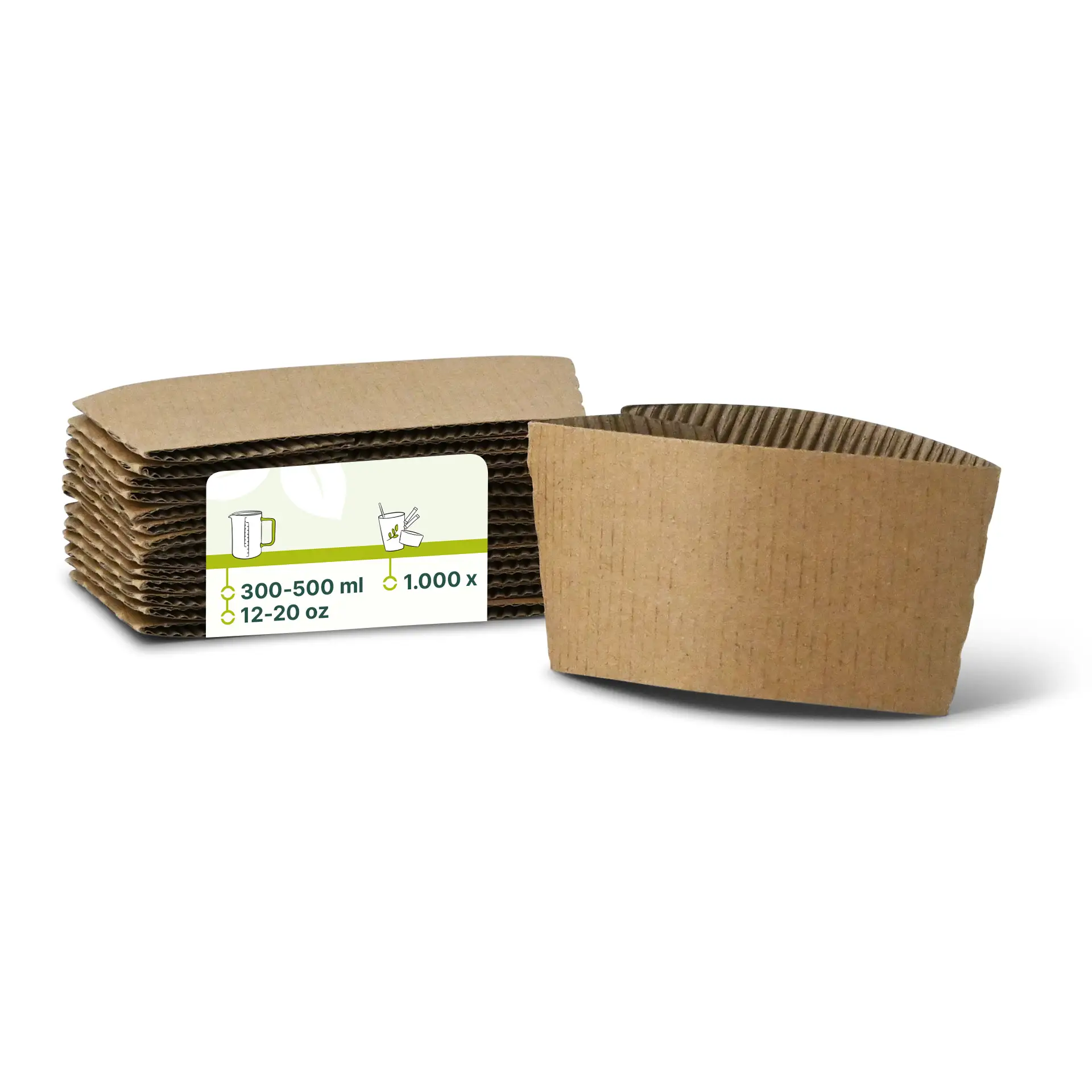 Manchons en carton brun pour gobelets en papier de 300-500 ml, d'une hauteur de 65 mm et d'une largeur de 130 mm.
