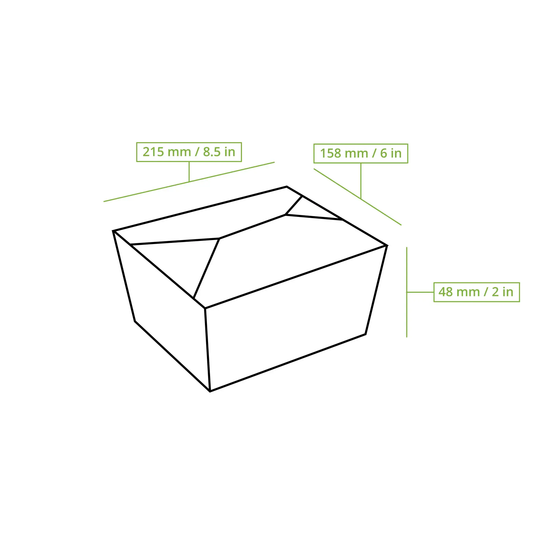 Contenant d'emballage pour nourriture à emporter, dimensions 215 mm x 158 mm x 48 mm, adapté pour plats chauds et froids, biodégradable.