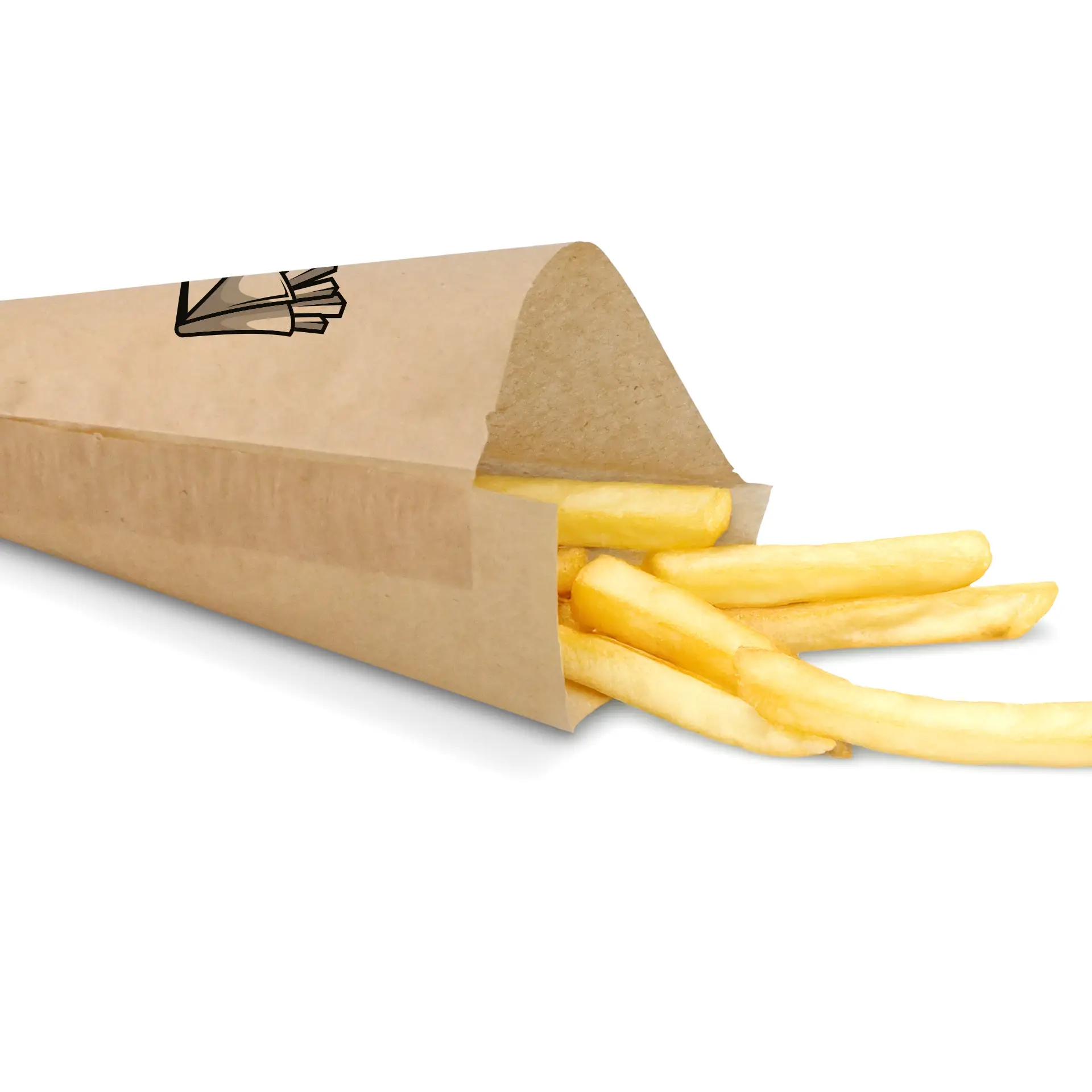 Sac en papier brun en forme de cône avec des frites partiellement visibles, conçu pour un usage à emporter, taille 19 x 19 cm.