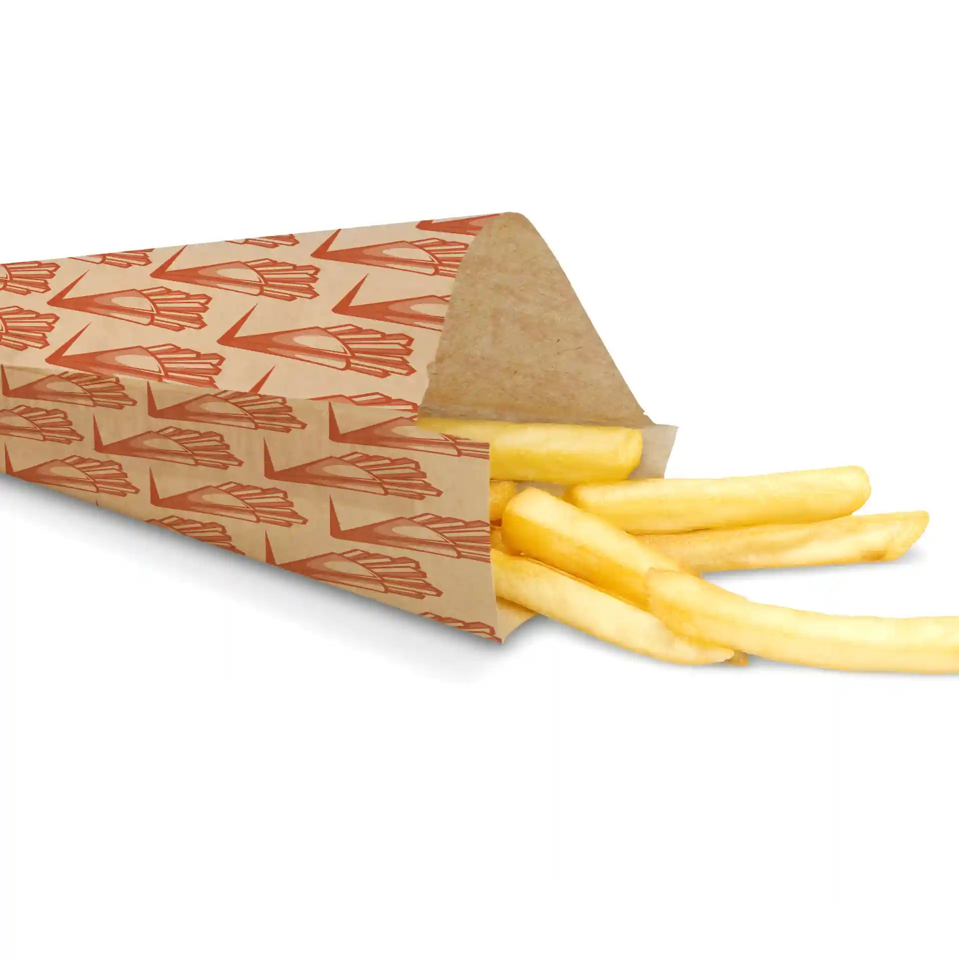Cornet en papier imprimé marron pour servir des frites, avec des frites partiellement visibles à l'intérieur.
