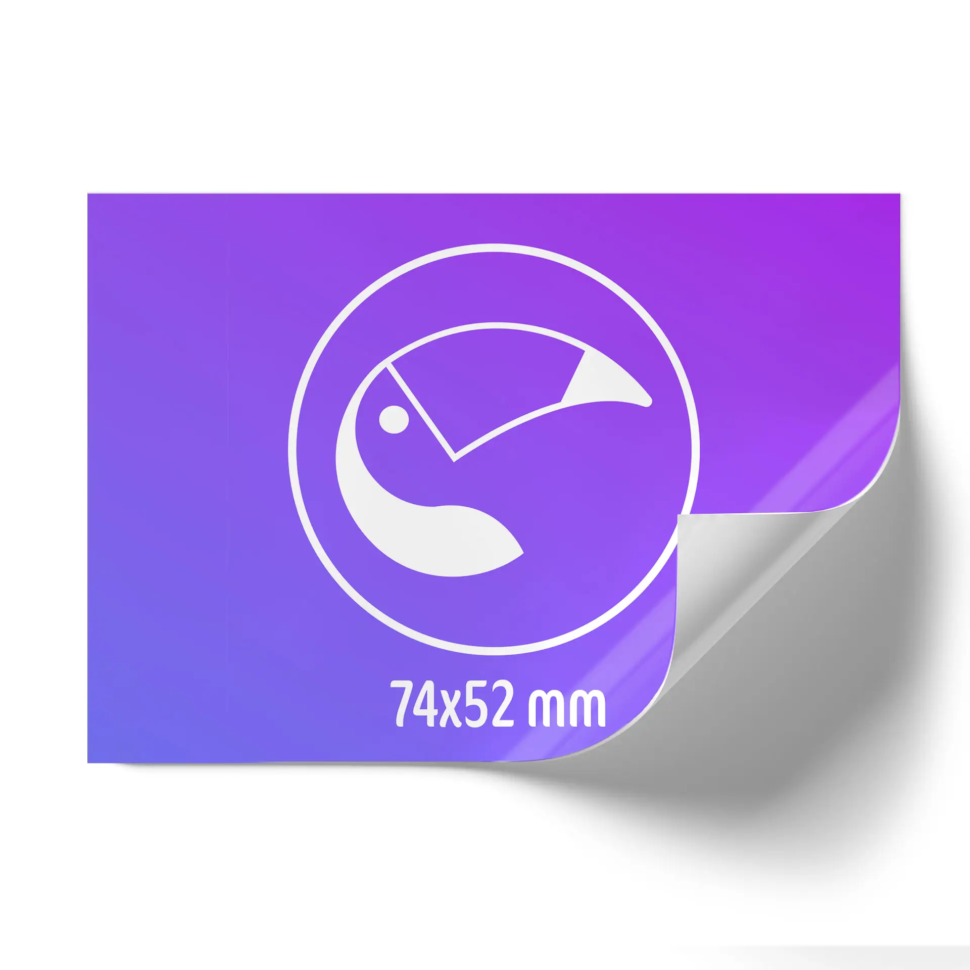 Autocollant graphique avec un design blanc sur un fond dégradé violet, taille 74x52 mm, avec coins arrondis.