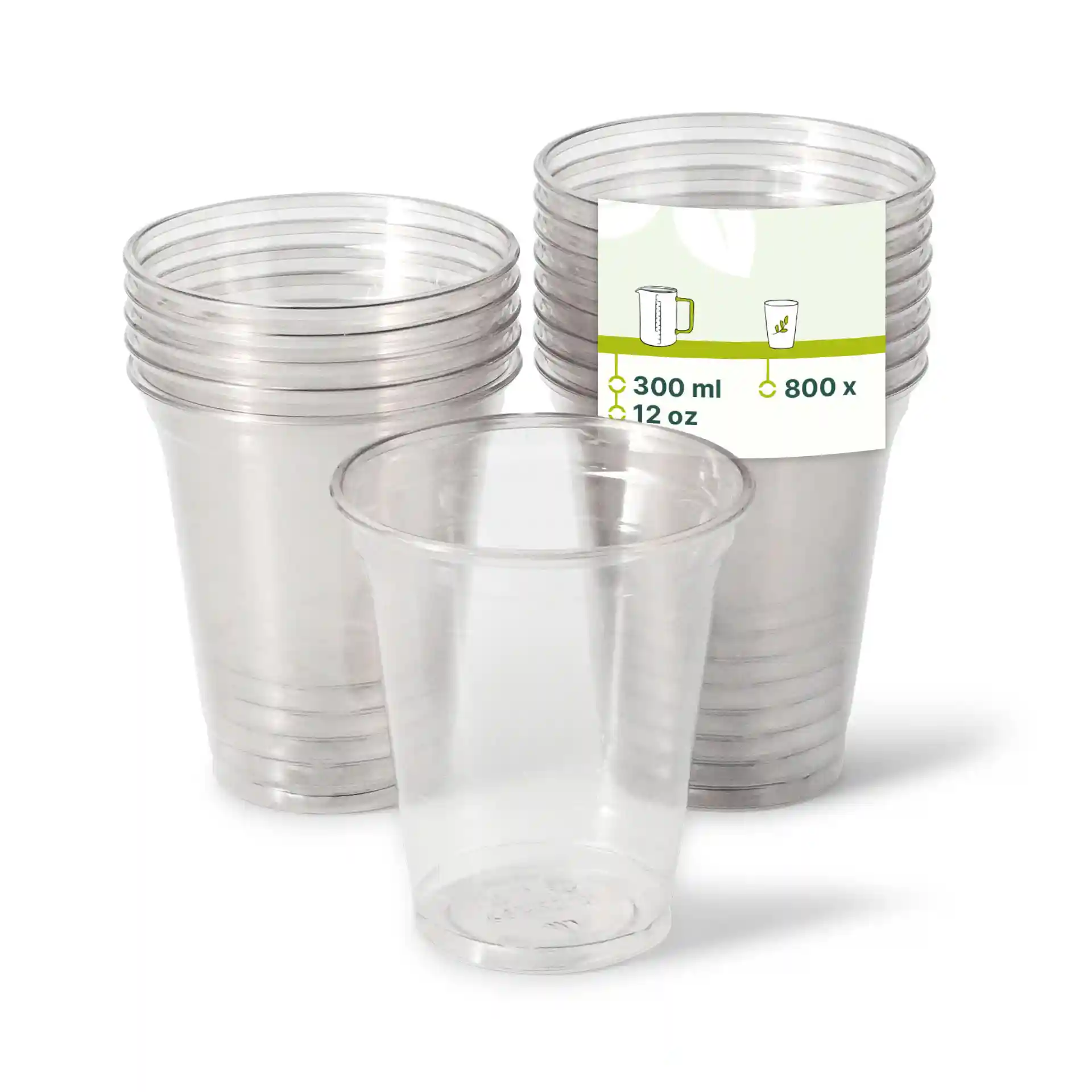 Gobelets transparents en rPET empilés, avec un gobelet devant et une étiquette indiquant la capacité et la quantité.