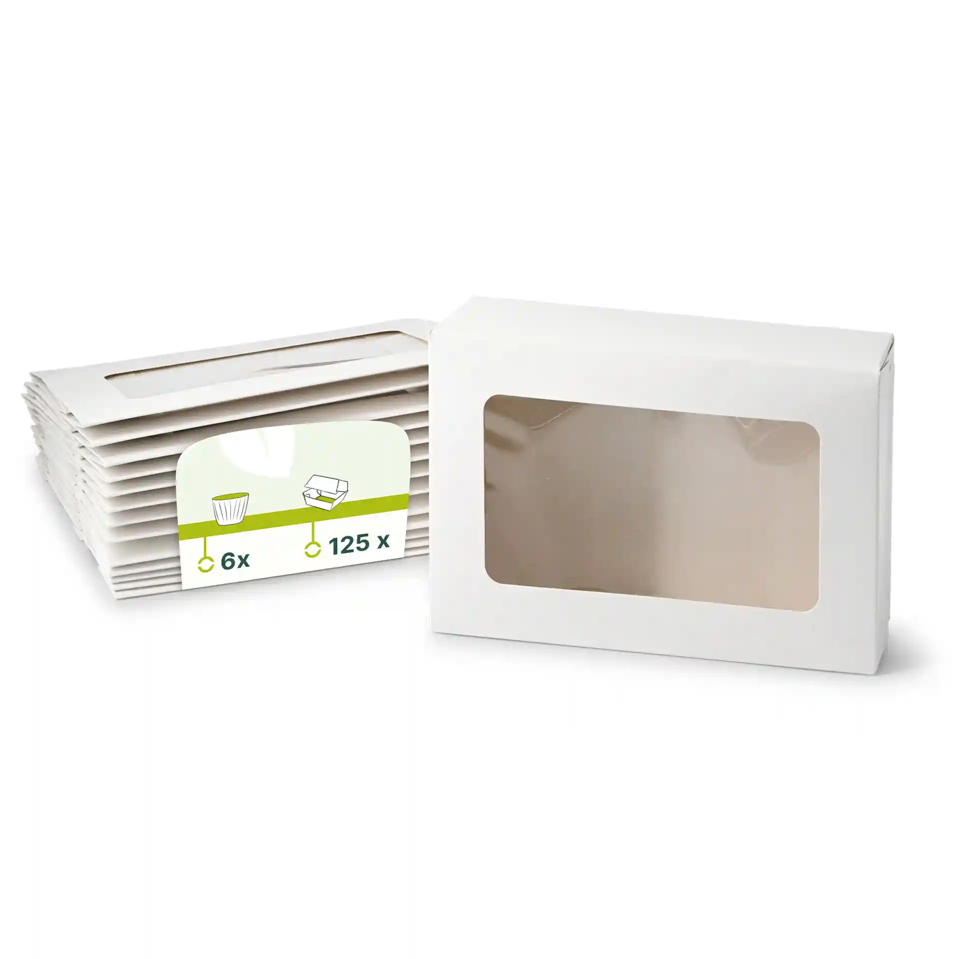 Boîtes à cupcakes en carton blanc avec une fenêtre en cellulose, empilées avec une boîte seule devant.