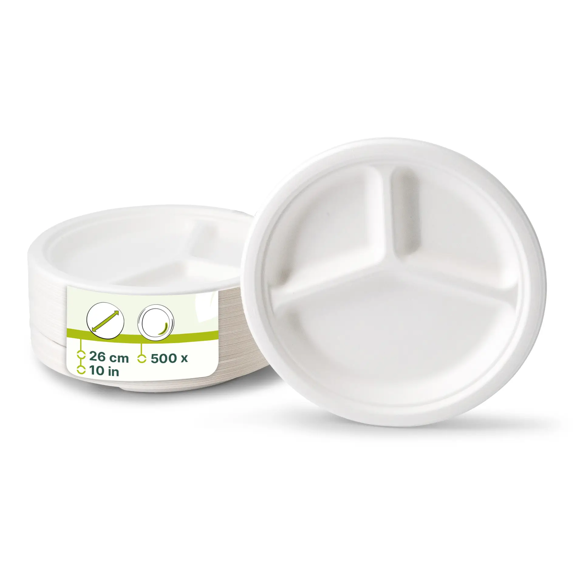 Assiette en canne à sucre Ø 26 cm, 3 compartiments, ronde Assiette en canne à sucre Ø 26 cm, 3 compartiments, ronde