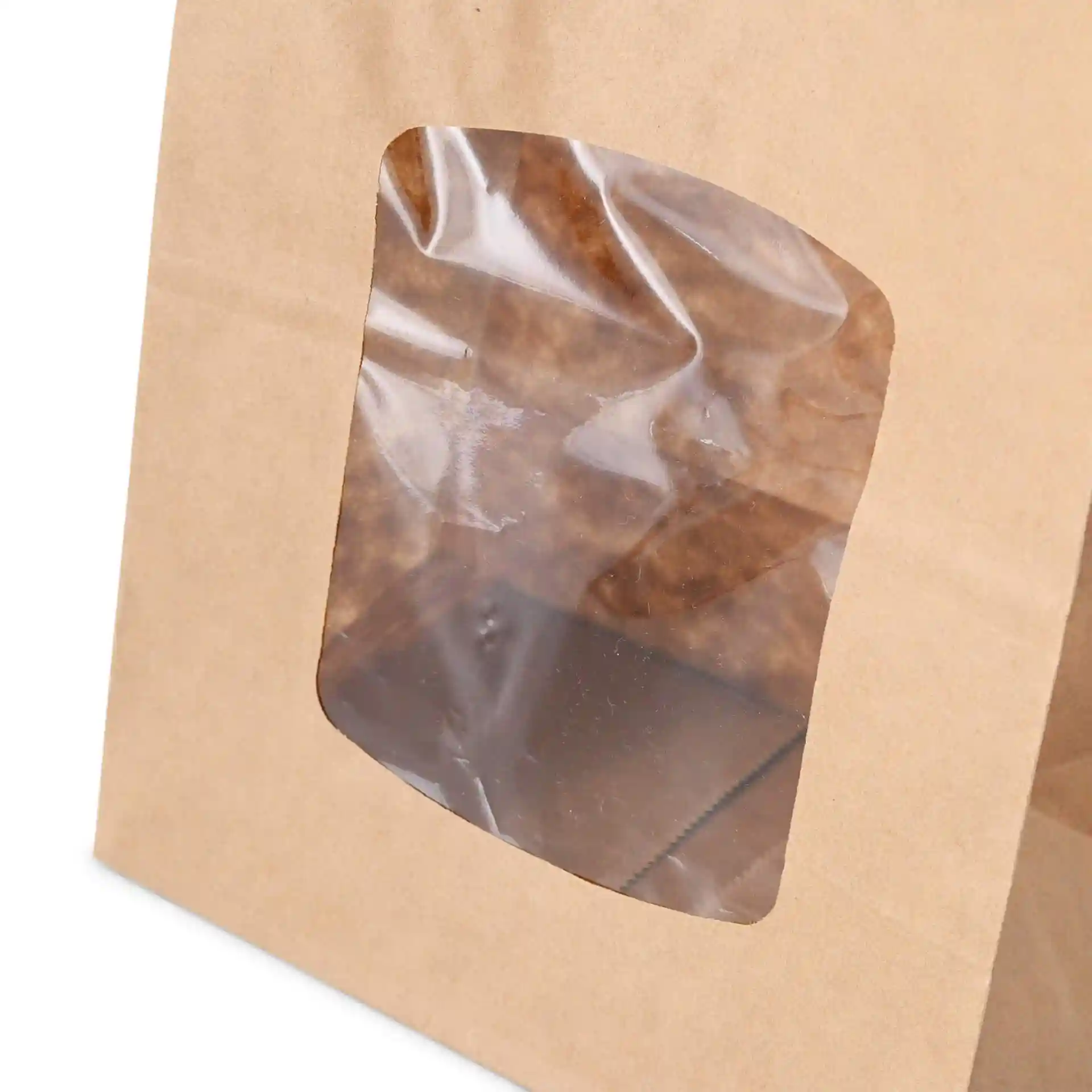 Sac en papier kraft brun avec fenêtre transparente en PLA, dimensions 15 x 10 x 25 cm.