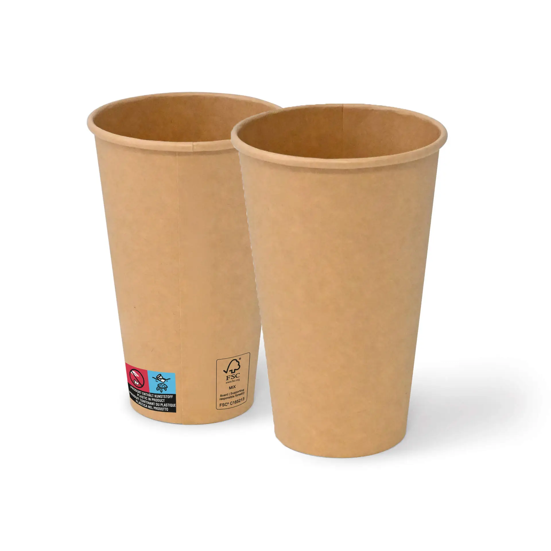 Gobelets en papier marron de 16 oz avec une forme ronde, montrant deux gobelets avec une finition en carton enduit.