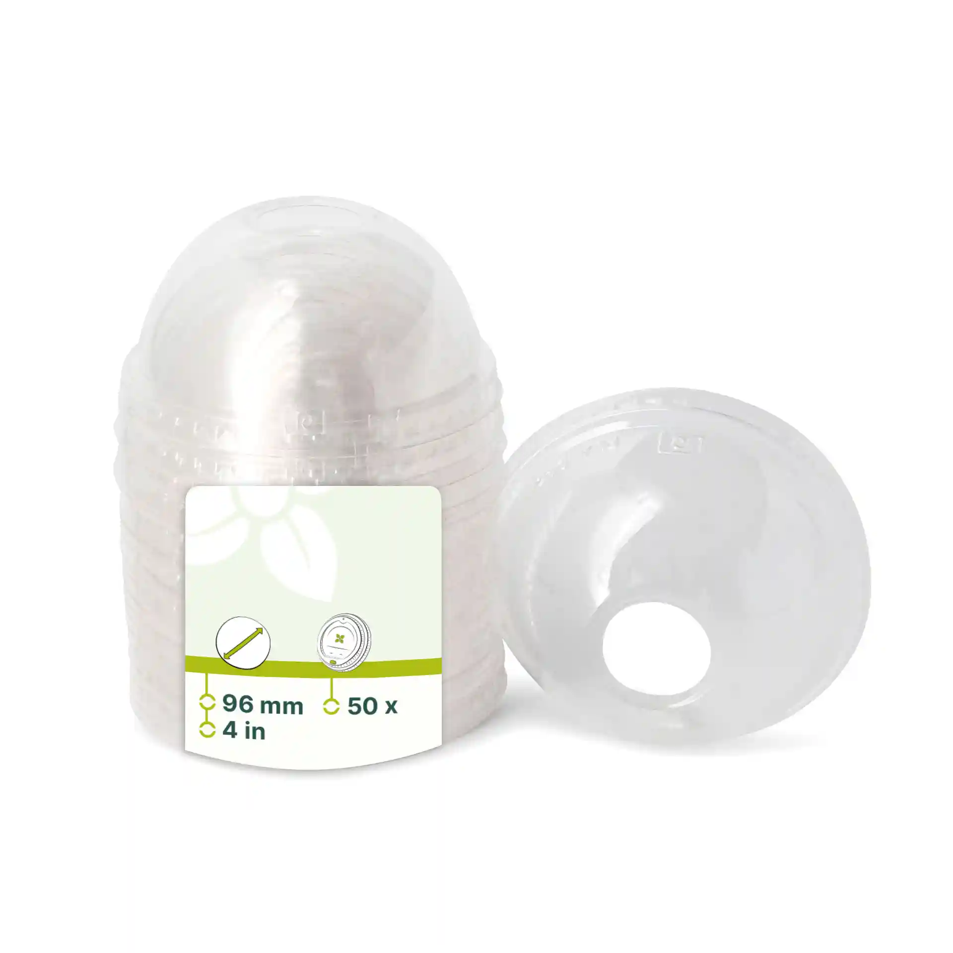 Couvercles en PLA transparent avec trou pour paille, diamètre de 96 mm, empilés avec un couvercle à côté.