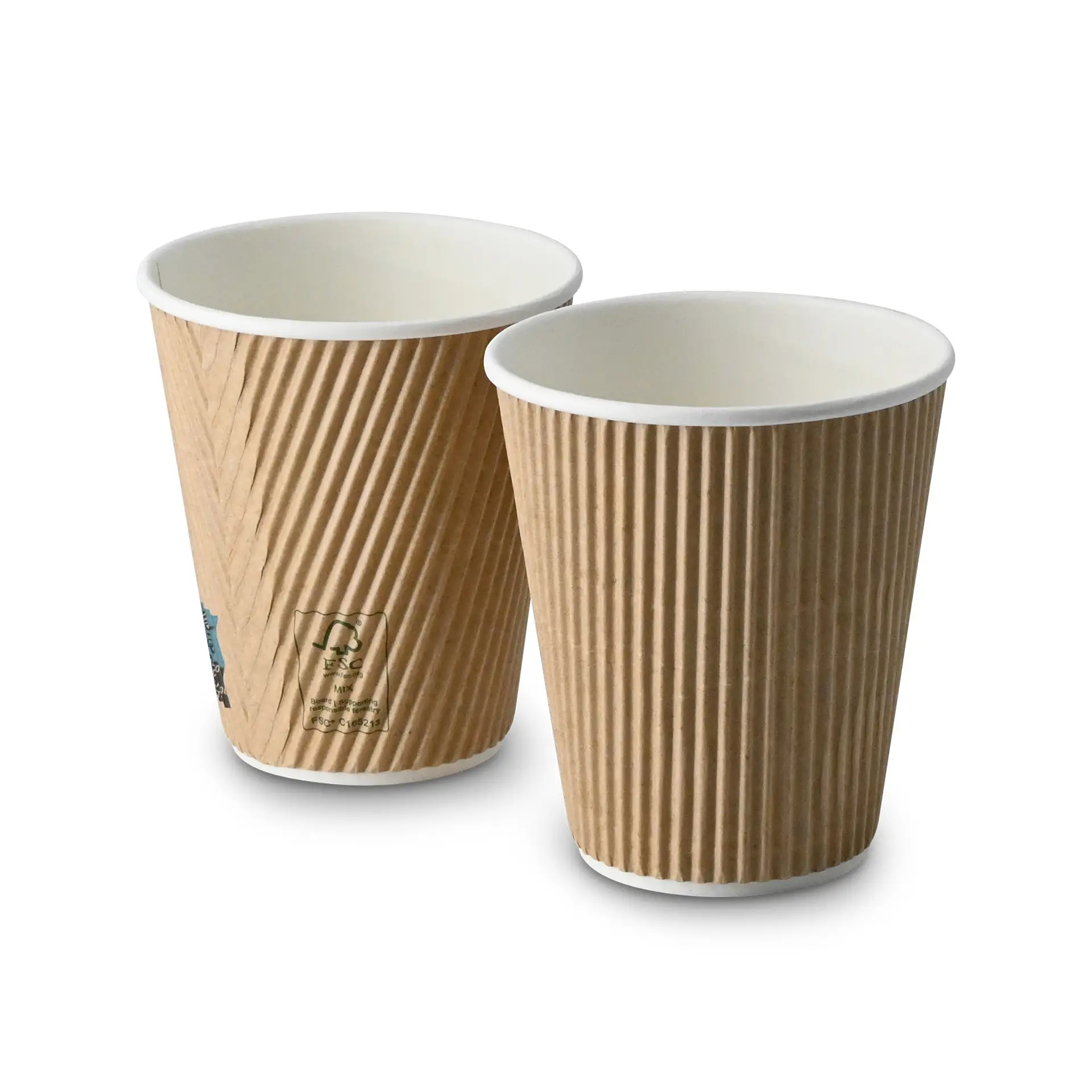 Deux tasses à café isolées de 295 ml; extérieur nervuré marron, intérieur blanc, adaptées aux boissons chaudes.