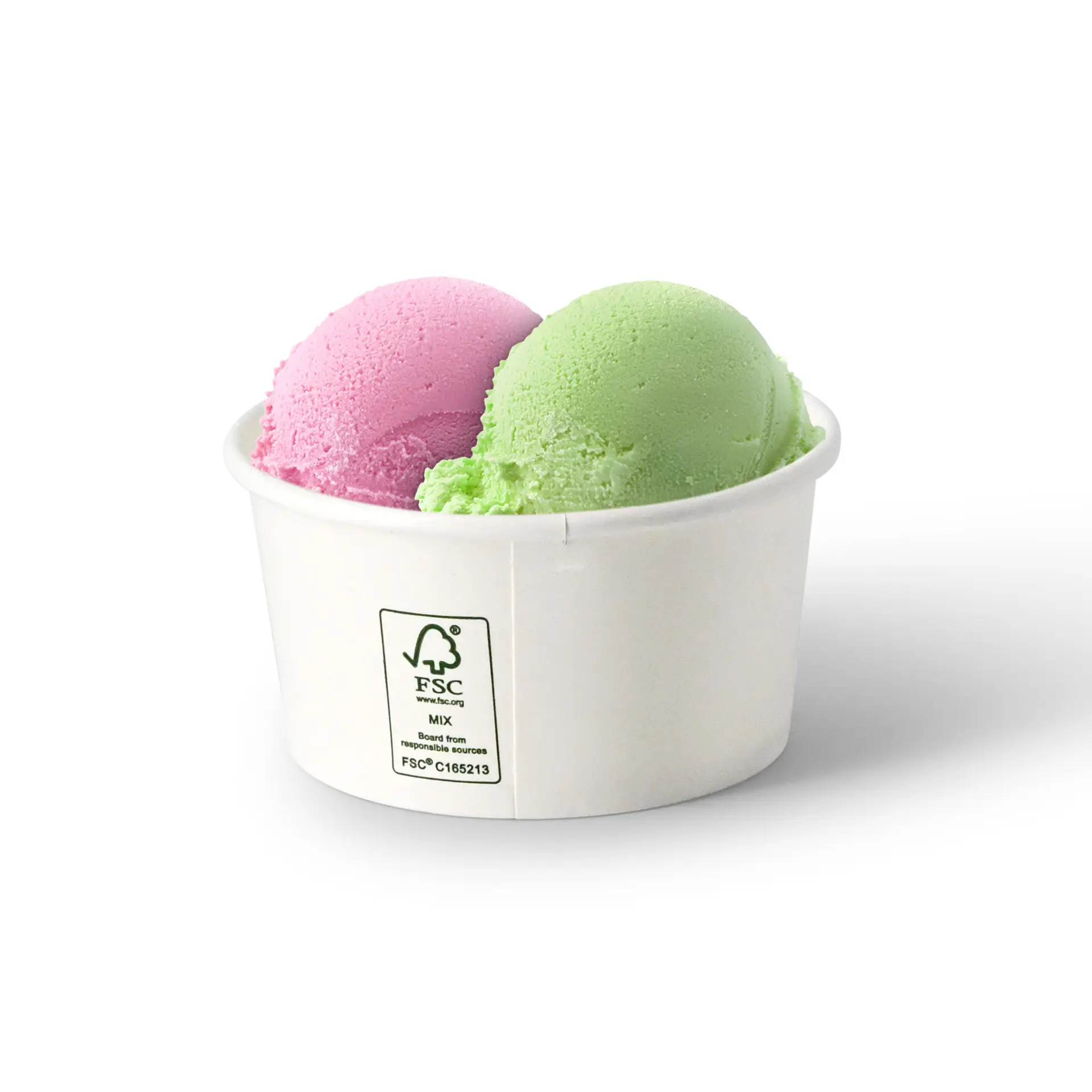 Deux boules de glace dans un gobelet en papier blanc, avec des saveurs rose et verte. Gobelet avec étiquette de certification FSC.