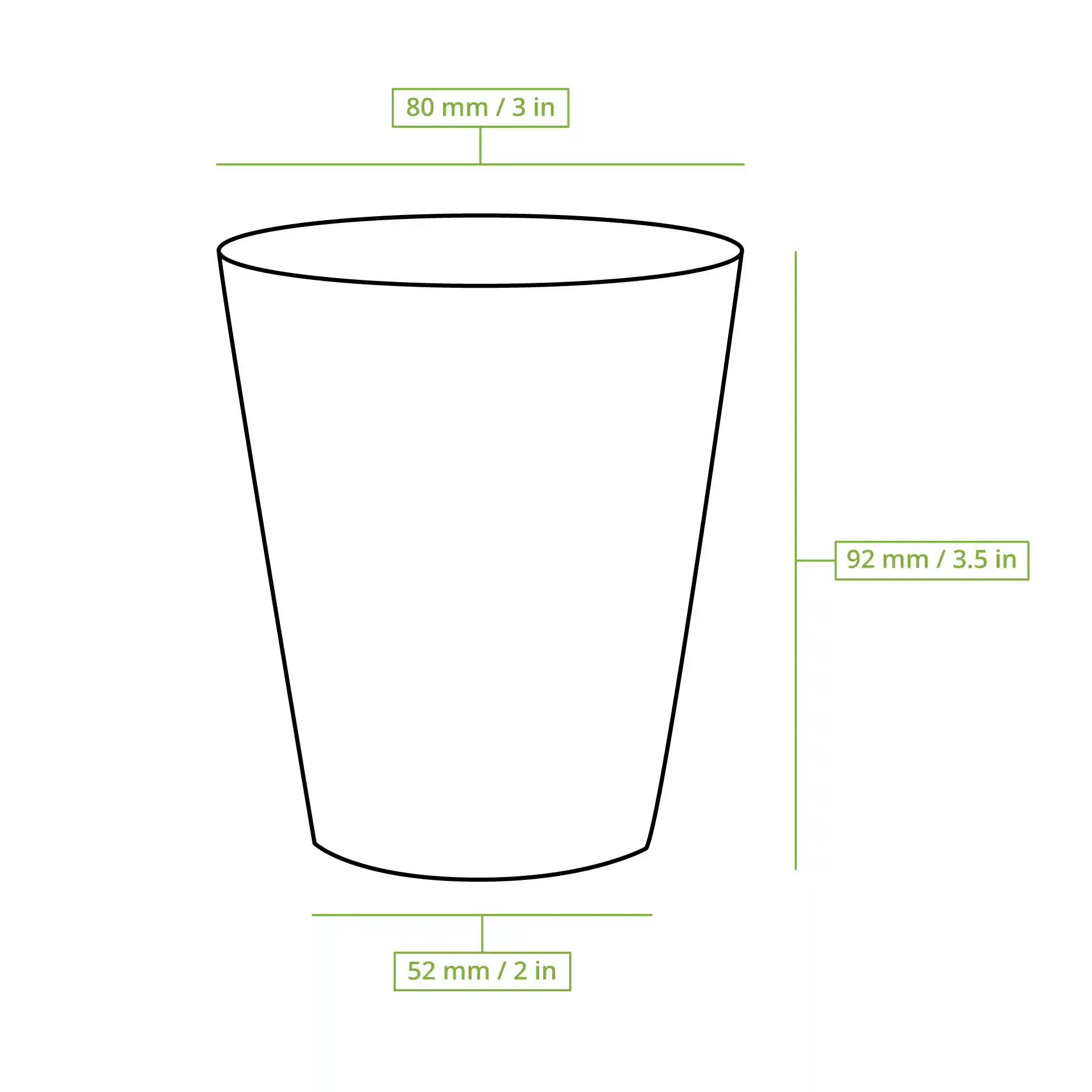 Dessin schématique d'un gobelet en papier rond avec dimensions : diamètre supérieur 80 mm, hauteur 92 mm, diamètre inférieur 52 mm.