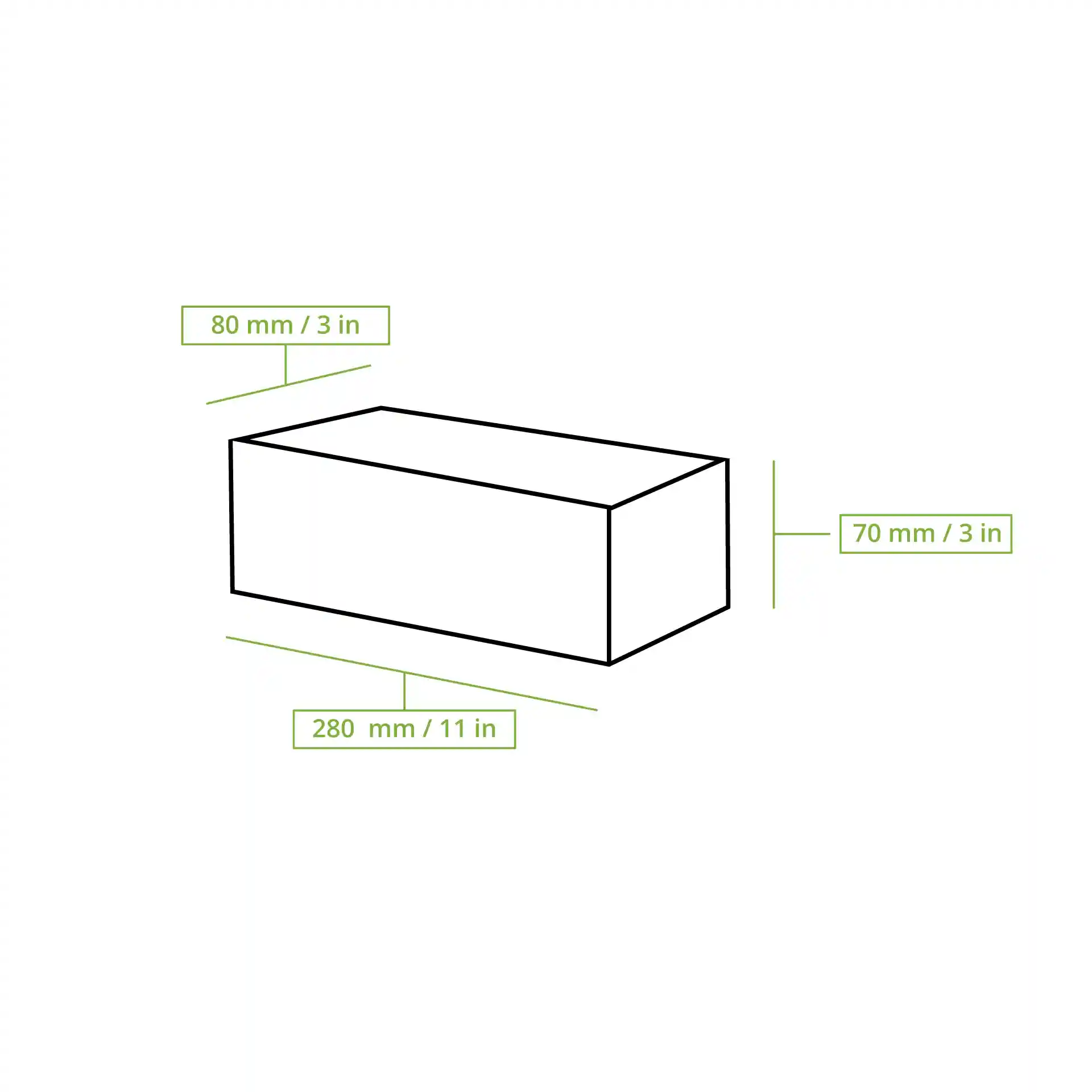 Dessin schématique d'une boîte rectangulaire avec dimensions étiquetées : 80 mm, 70 mm et 280 mm.
