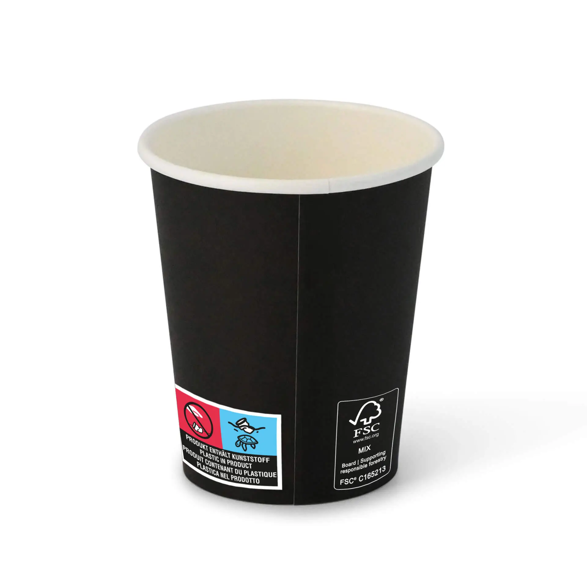 Gobelet en papier noir (8 oz) avec revêtement PE et design classique ; comprend un étiquetage avec des icônes et des marques de certification.
