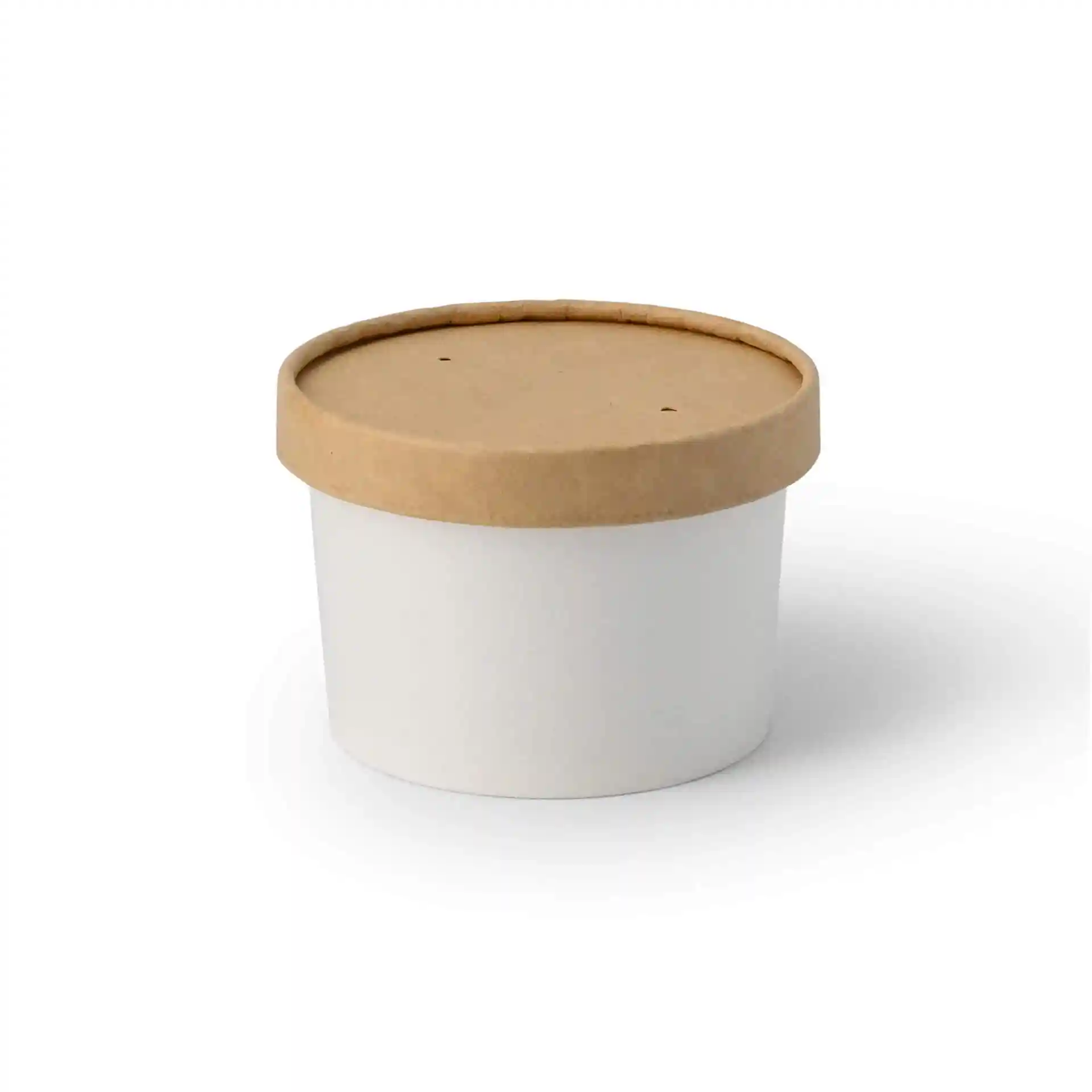 Gobelet en papier blanc rond avec un couvercle en carton brun, conçu pour la glace, capacité de 8 oz.