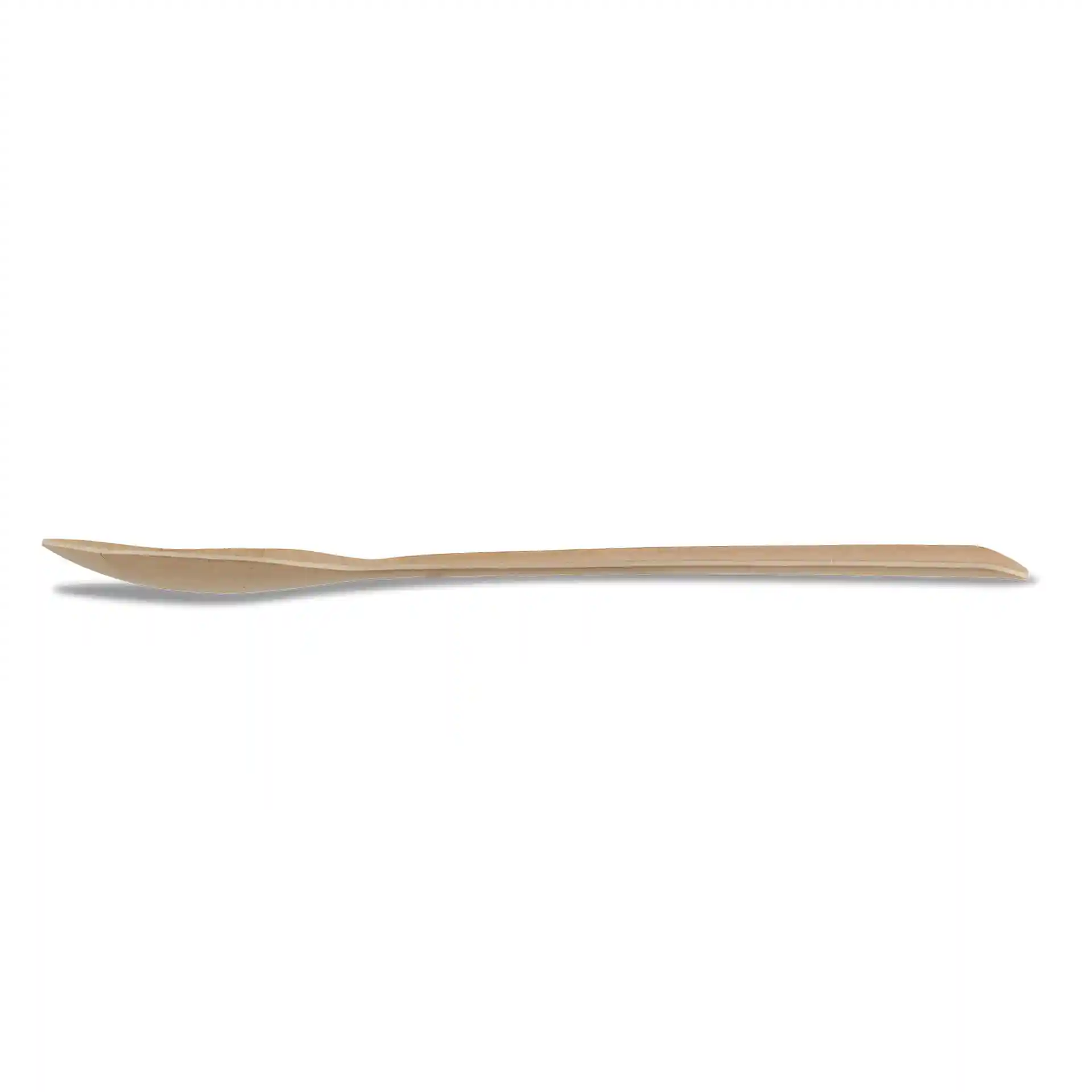 Cuillère en papier brun, 16,5 cm de long, avec une surface lisse et une cuillère légèrement courbée.