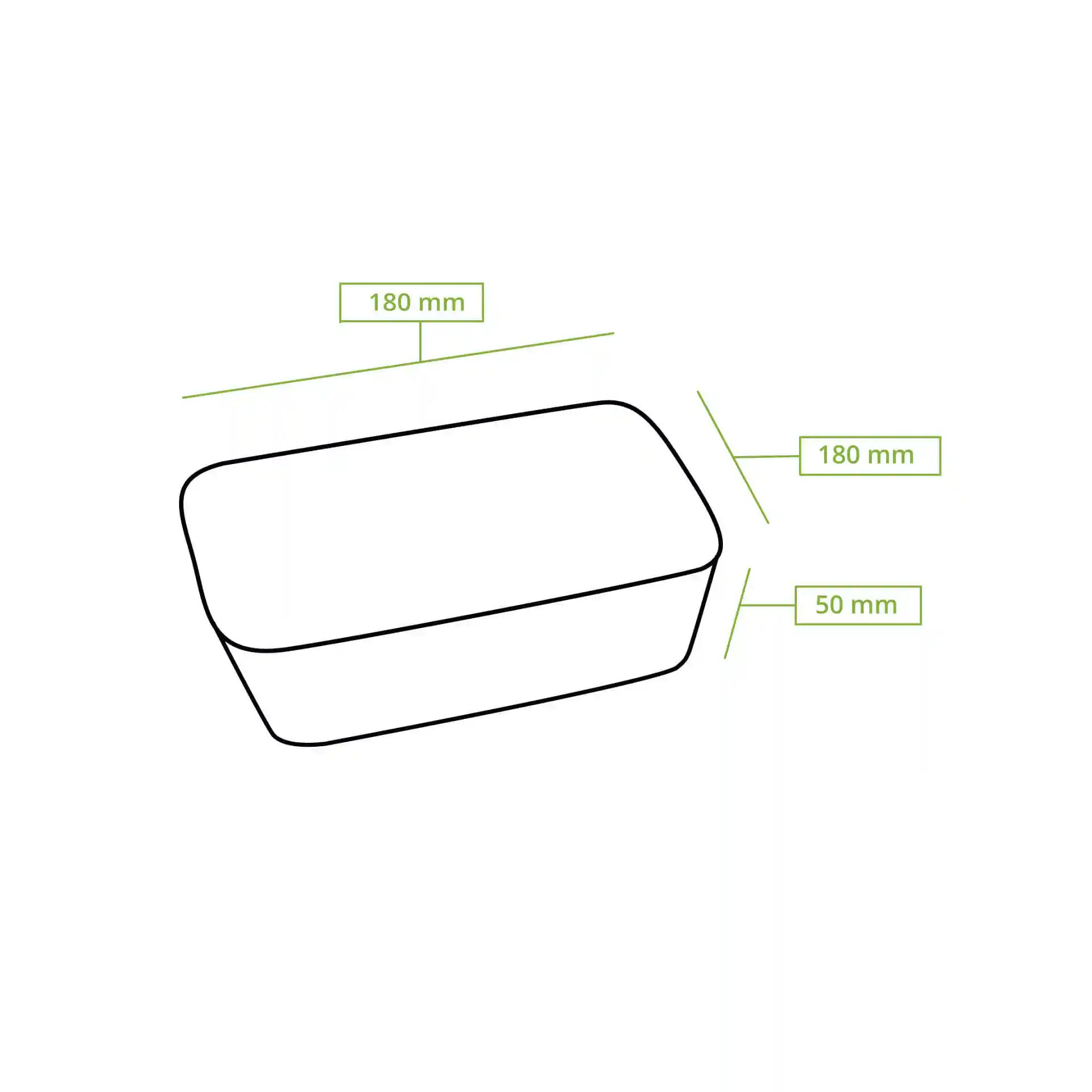 Dessin schématique d'un bol carré en feuille de palmier avec des dimensions de 180 mm par 180 mm et une hauteur de 50 mm.