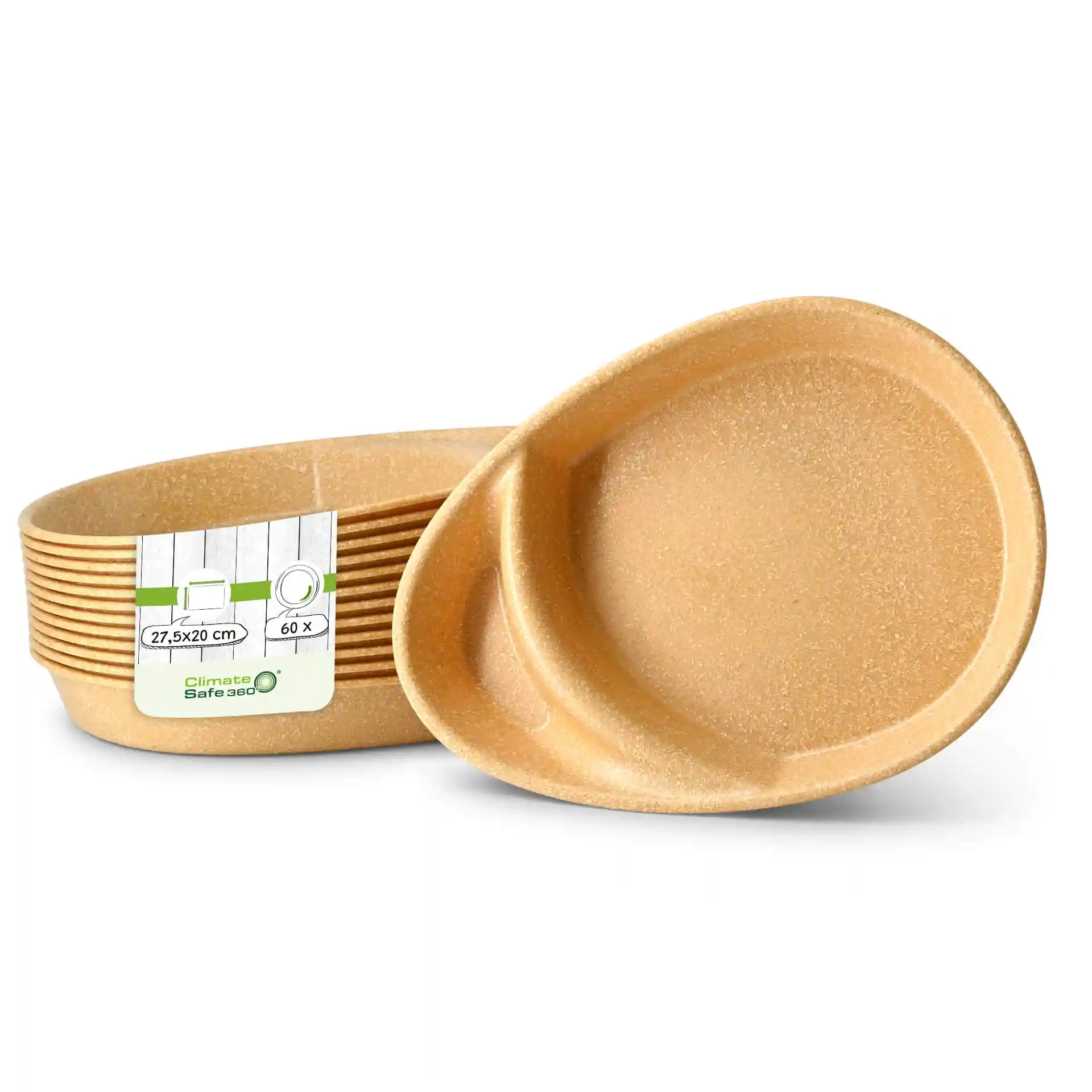 Assiettes divisées réutilisables en brun caramel, avec deux compartiments, mesurant 27,5 × 20 cm.