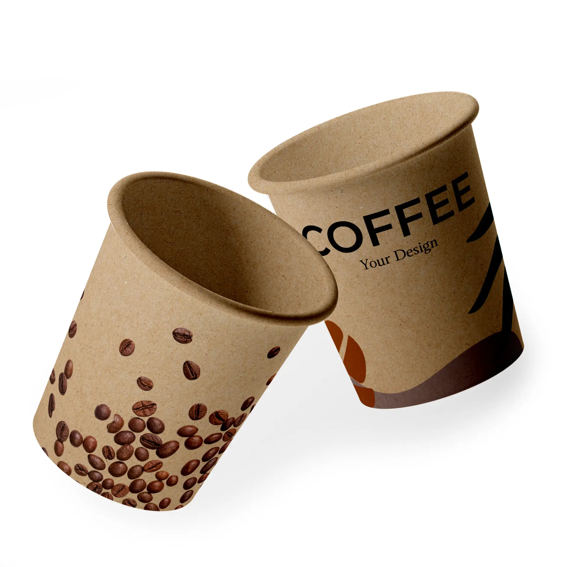 Deux gobelets en papier marron avec des designs personnalisés ; l'un présente des grains de café, l'autre affiche le mot "CAFÉ" et un logo.