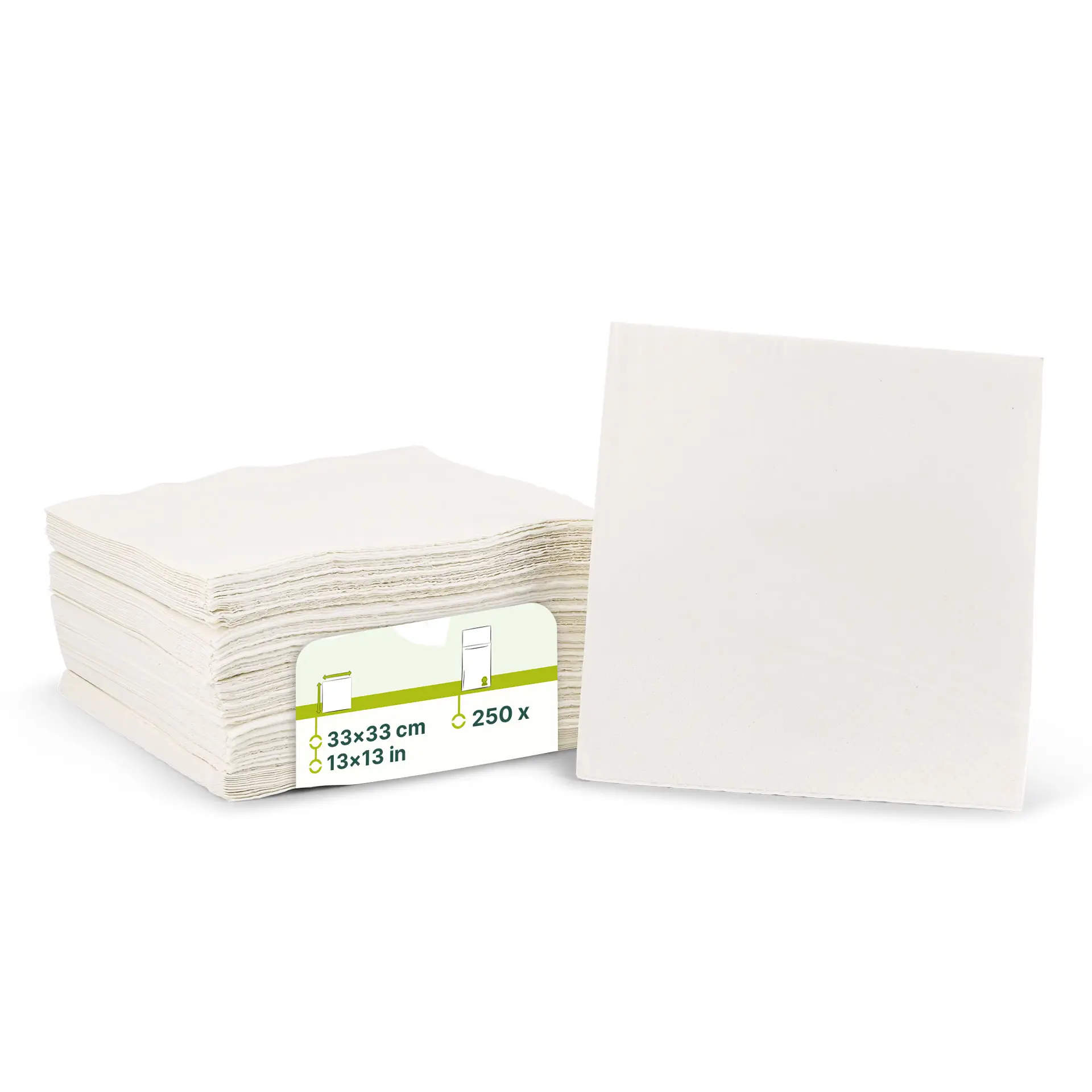 Empilement de serviettes en papier recyclé blanches, 2 plis, 33 x 33 cm, avec une étiquette indiquant les détails du produit.