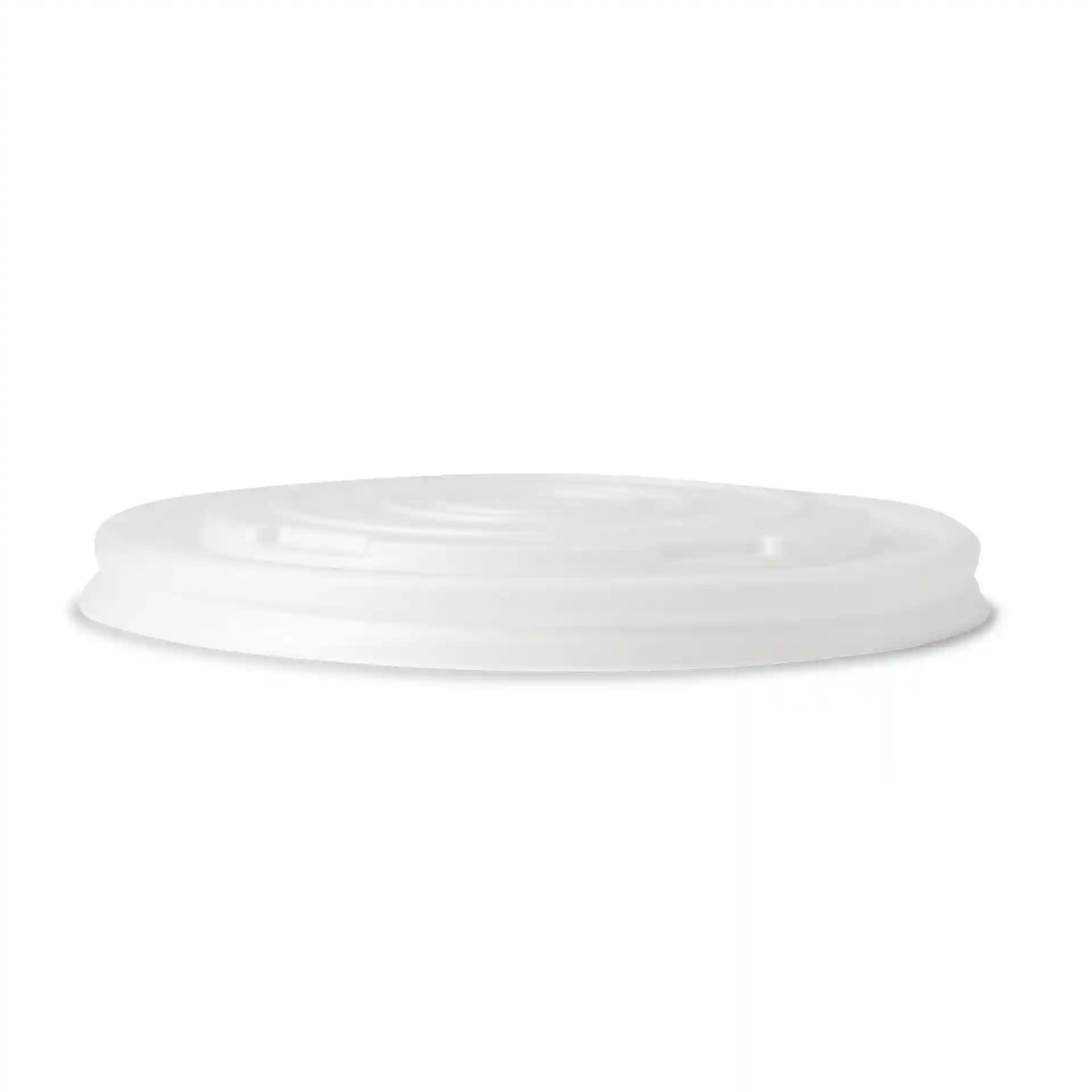 Couvercle plat en CPLA blanc de forme ronde, mesurant 115 mm de diamètre et 10 mm de hauteur.