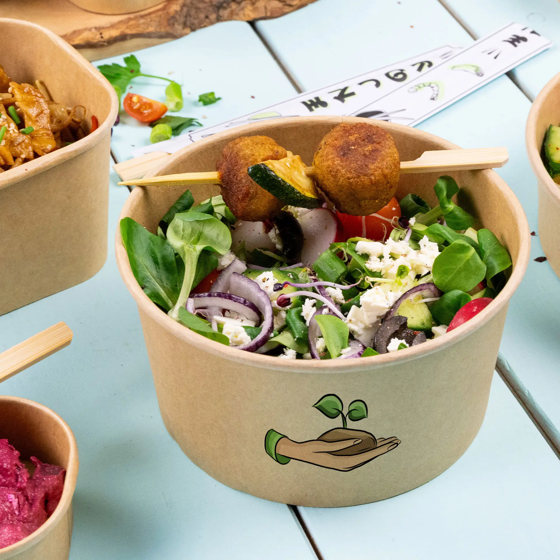 Bols à salade personnalisés / Bowls personnalisés, 800 ml, Ø 150 mm, brun, avec revêtement PLA