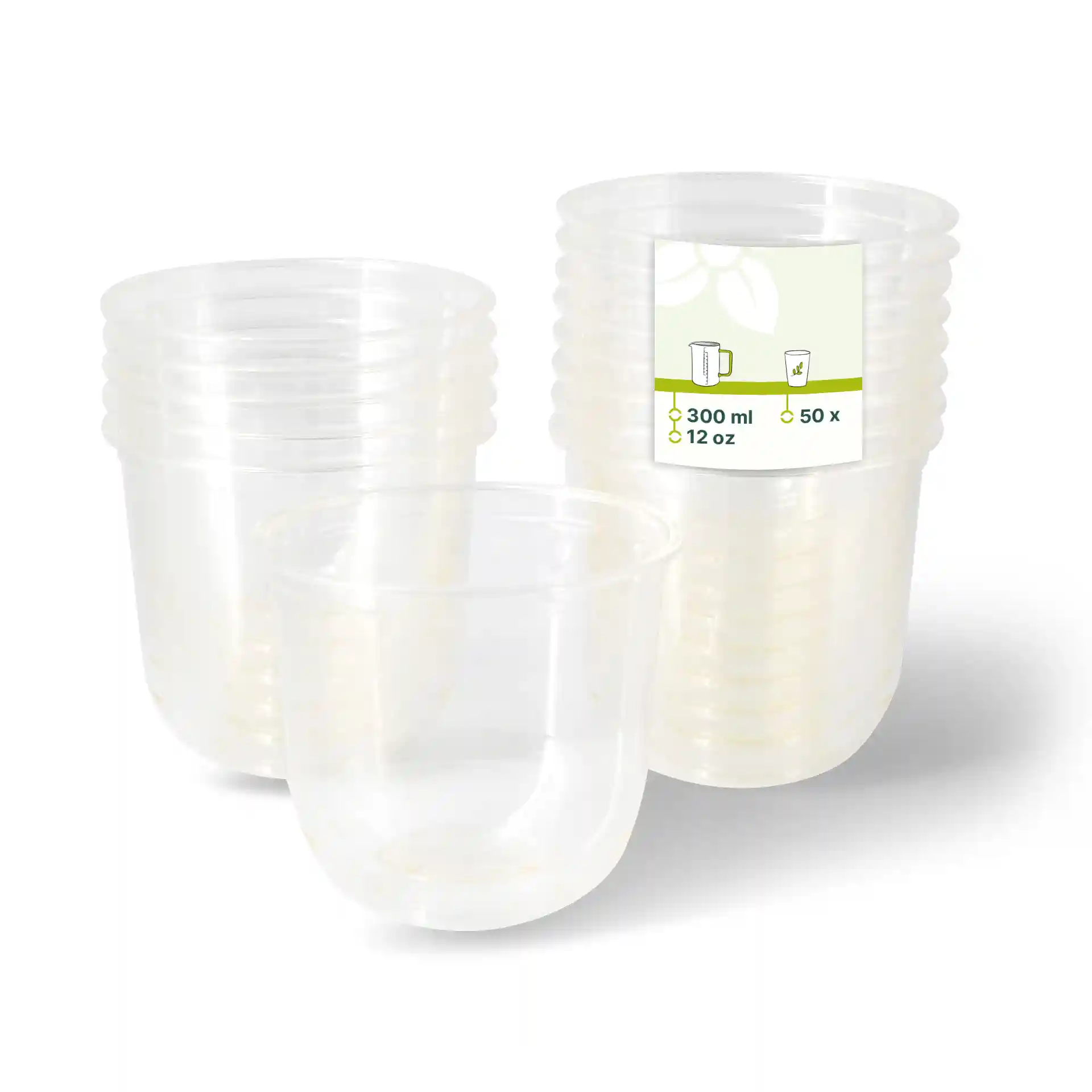 Coupes à dessert en PLA transparentes empilées, avec une coupe devant montrant une étiquette avec les détails du produit.