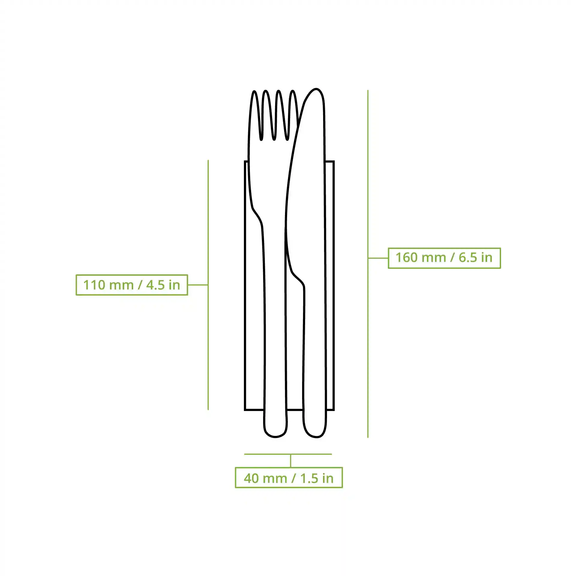 Dessin schématique d'un ensemble de couverts en bois avec un couteau et une fourchette, incluant des lignes de dimension pour les mesures.