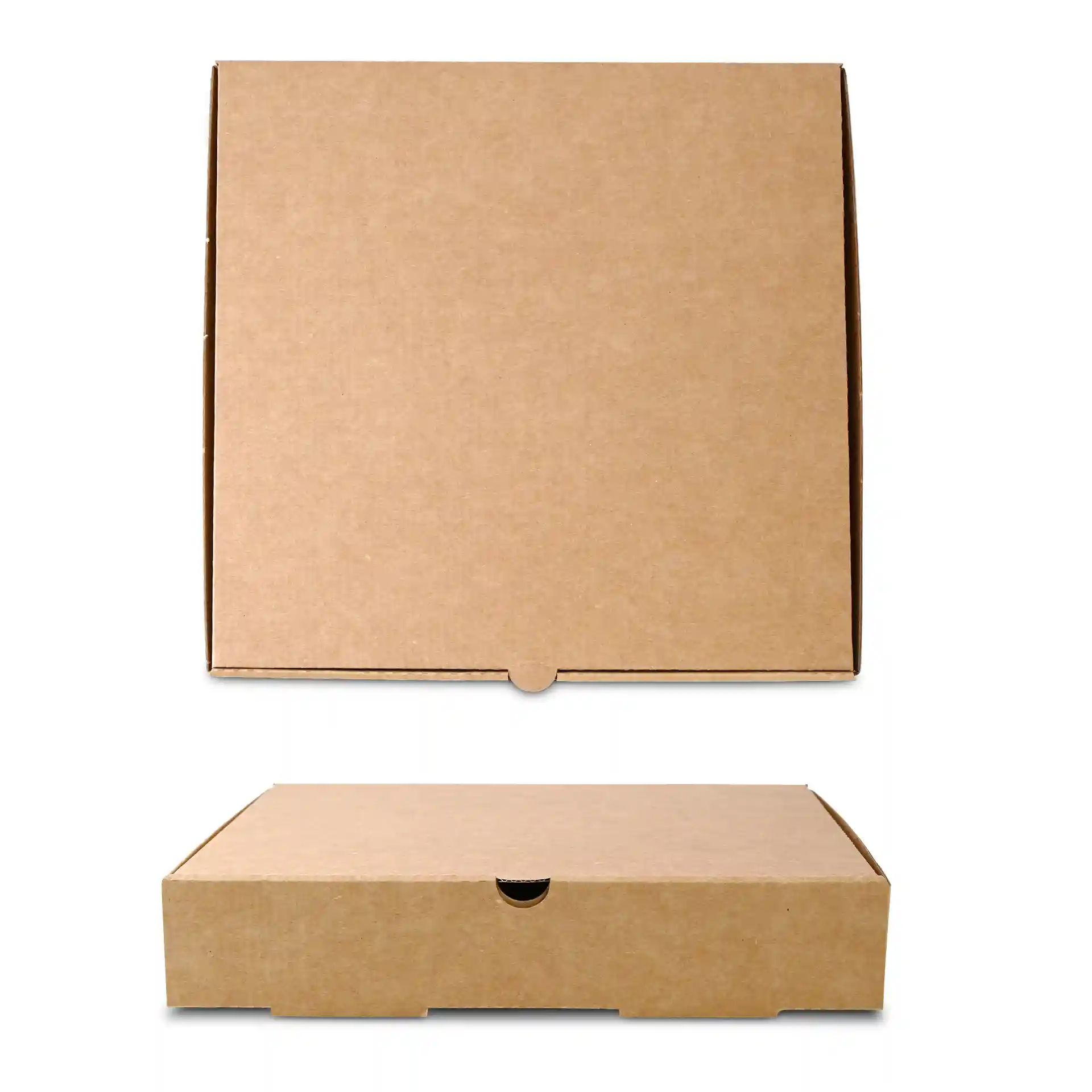Boîte à pizza en carton marron, forme carrée, hauteur de 47 mm et dimensions de 265 mm par 260 mm.