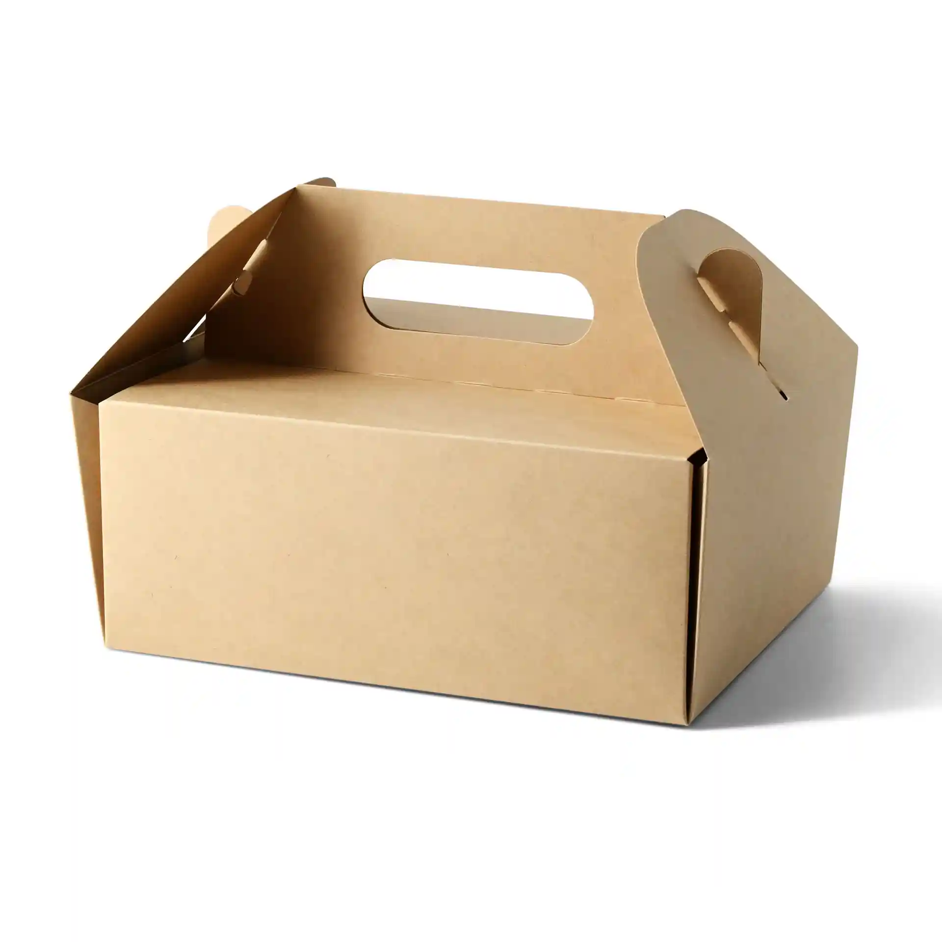 Boîte en carton rectangulaire marron avec poignée, mesurant 21 x 17 x 9 cm, design pliable.