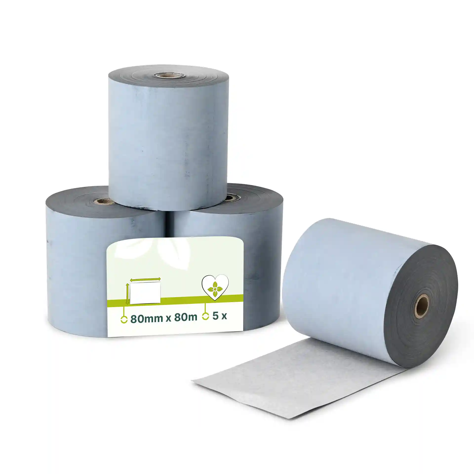 Trois rouleaux de papier thermique gris pour caisses enregistreuses, chacun mesurant 80 mm x 80 m, avec un rouleau partiellement déroulé.
