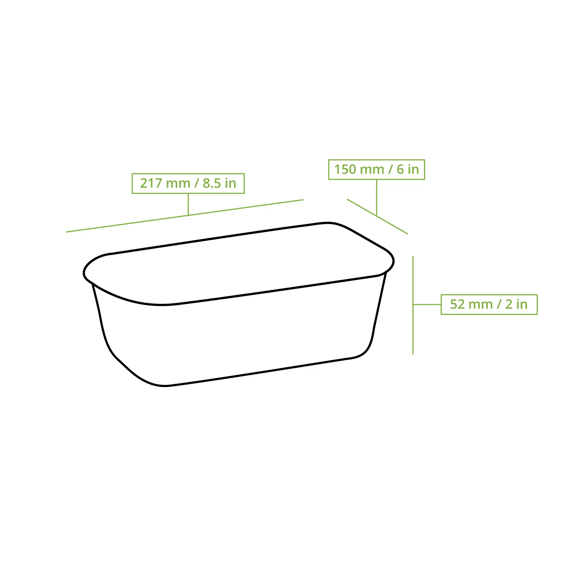 Contenant alimentaire rectangulaire réutilisable en PP ; dimensions 217 mm x 150 mm x 52 mm ; adapté aux plats chauds et froids.