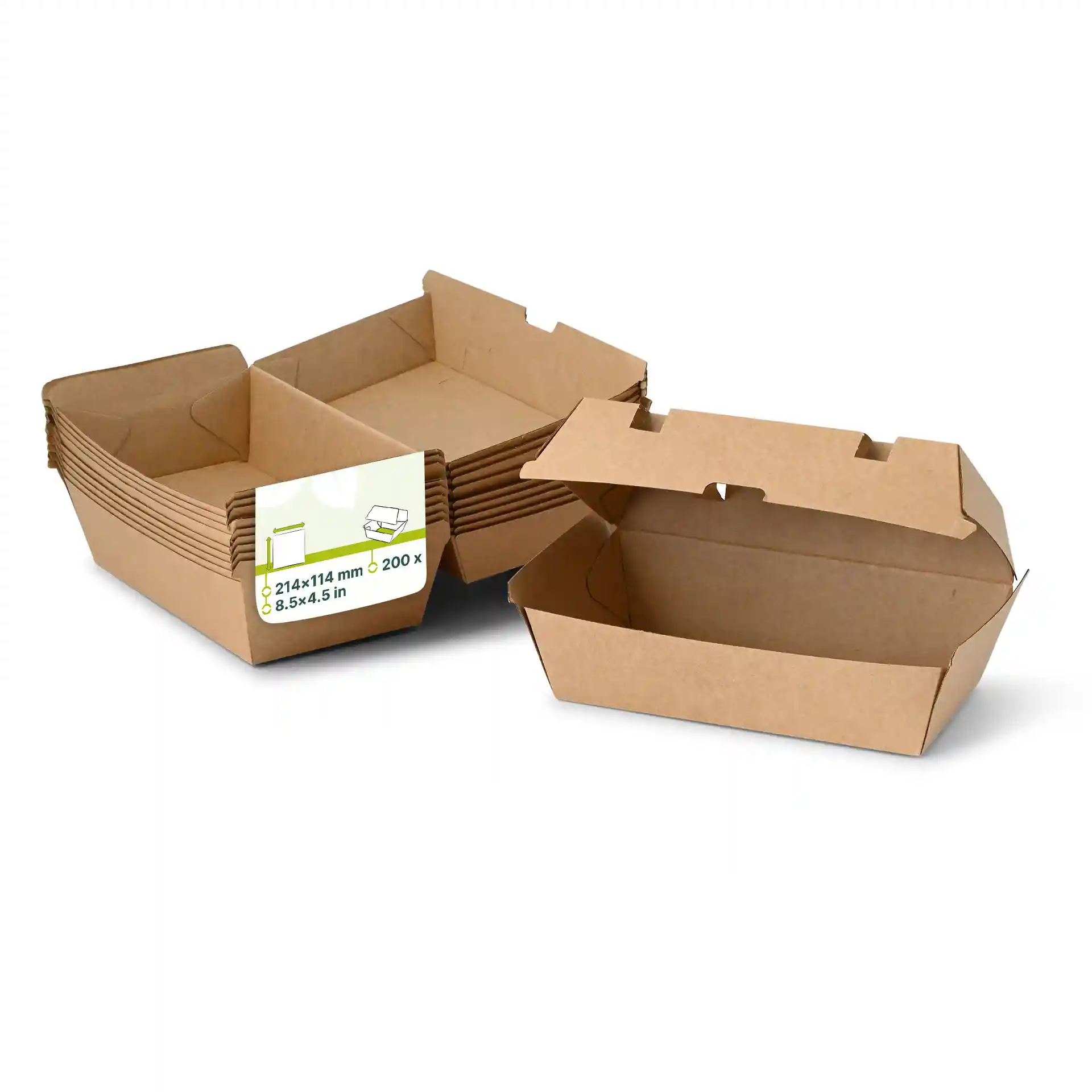 Boîtes alimentaires en carton brun avec couvercles articulés, forme rectangulaire, dimensions 214 x 114 x 85 mm, plusieurs empilées.