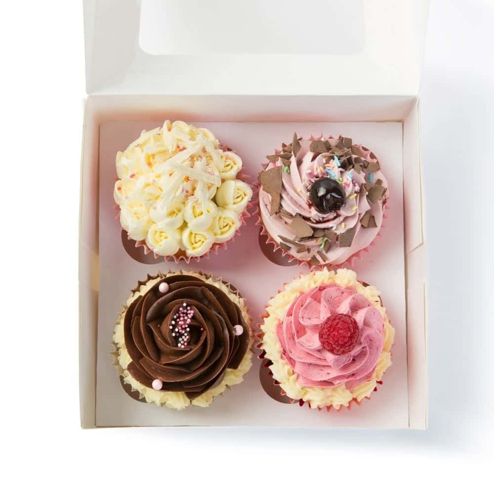 4er Cupcake-Boxen inkl. Einlage, PLA-Fenster, weiß