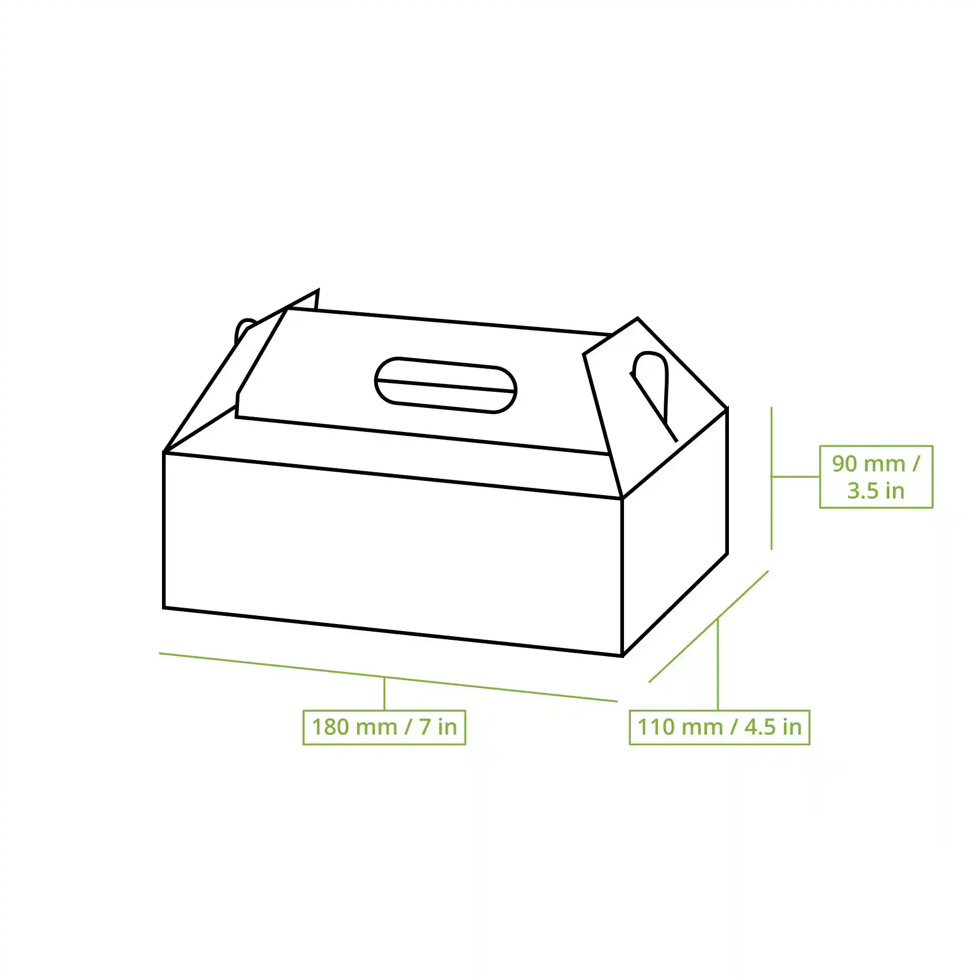Dessin schématique d'une boîte à pâtisserie en carton rectangulaire avec dimensions étiquetées : 180 mm de longueur, 110 mm de largeur, 90 mm de hauteur.