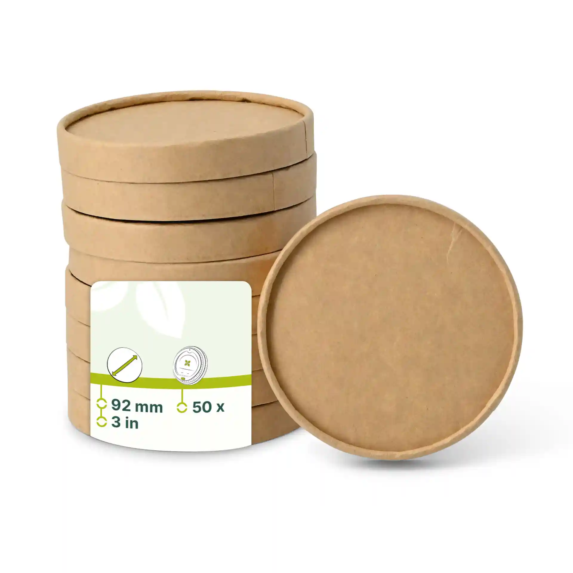 Couvercles ronds en carton brun pour pots de crème glacée, d'un diamètre de 93 mm, empilés avec une étiquette indiquant les détails du produit.