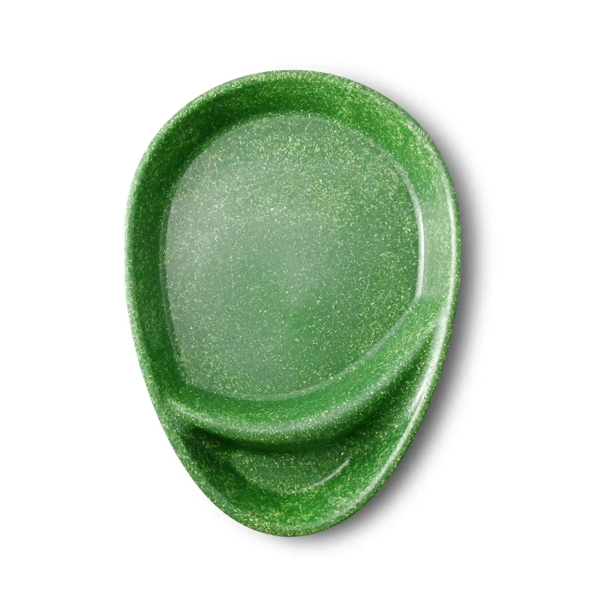 Assiette divisée réutilisable verte avec deux compartiments, en forme de goutte, mesurant 27,5 × 20 cm.
