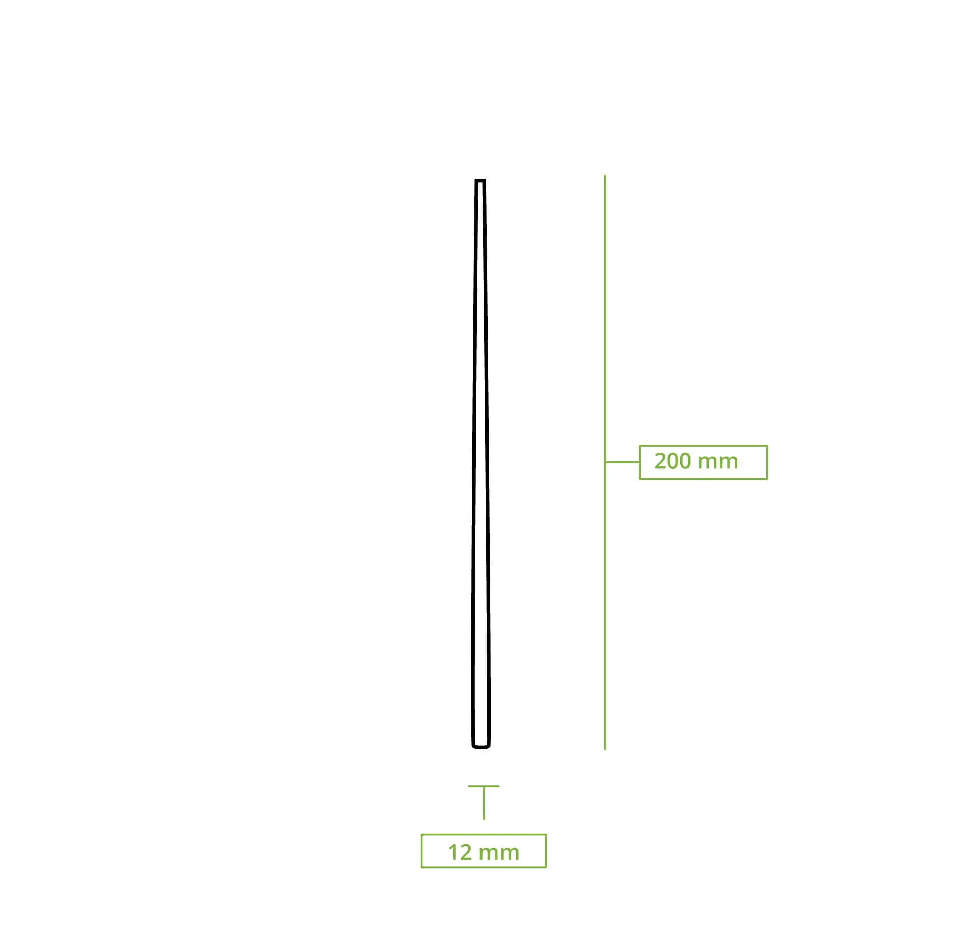 Baguettes en bambou, longues de 20 cm, montrées verticalement avec des dimensions étiquetées 200 mm et 12 mm.