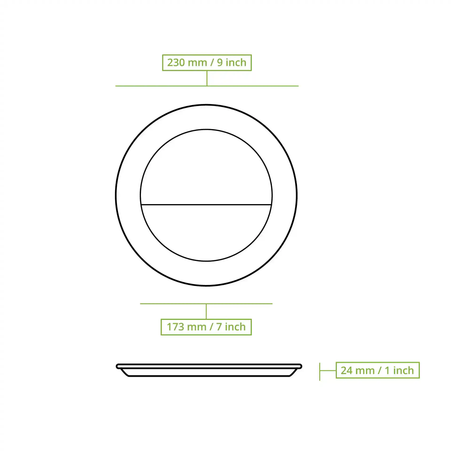 Dessin schématique d'une assiette de menu en canne à sucre ronde avec deux compartiments, dimensions de 230 mm et 24 mm.