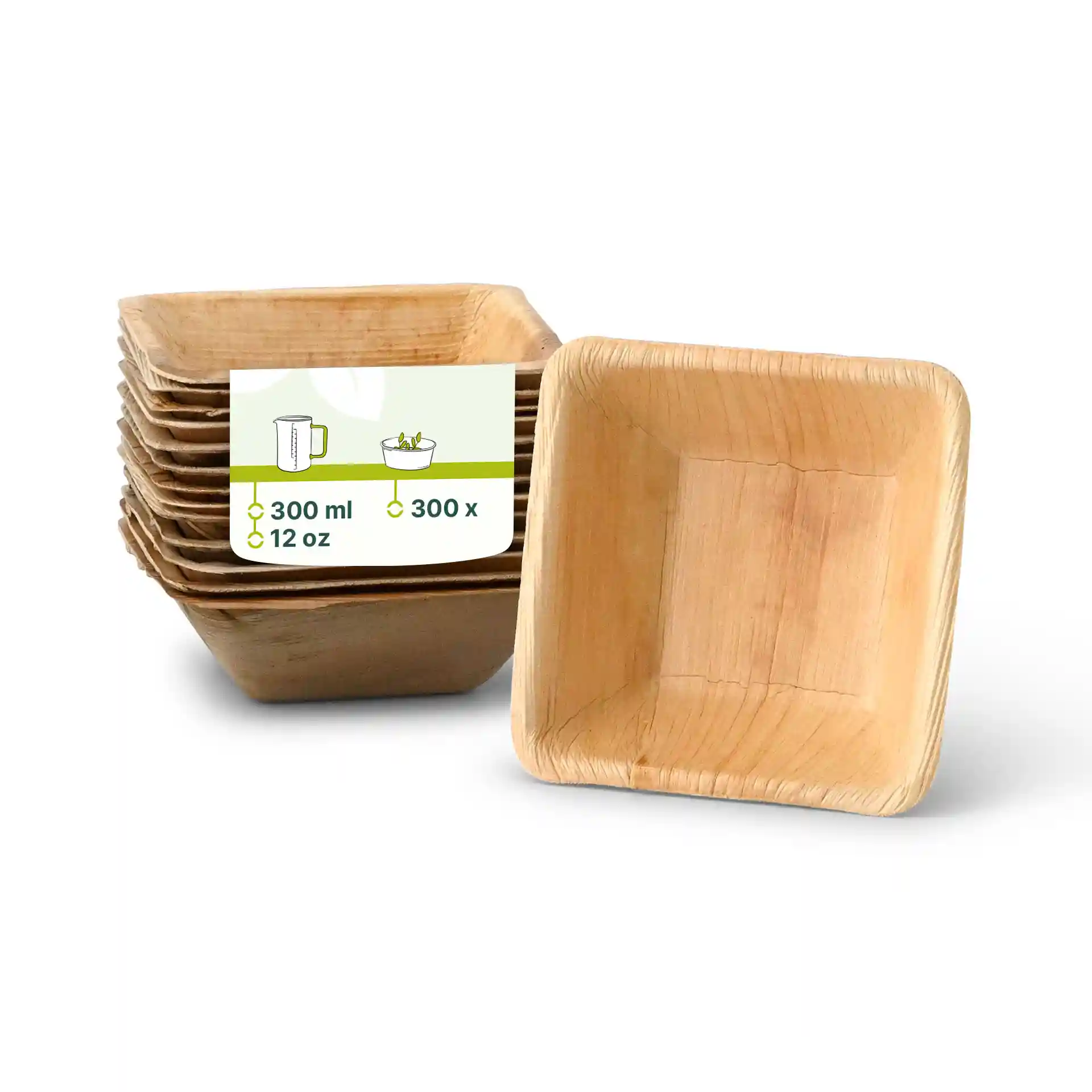 Empilement de bols carrés en feuilles de palmier avec une étiquette indiquant une capacité de 300 ml et des dimensions sur fond blanc.