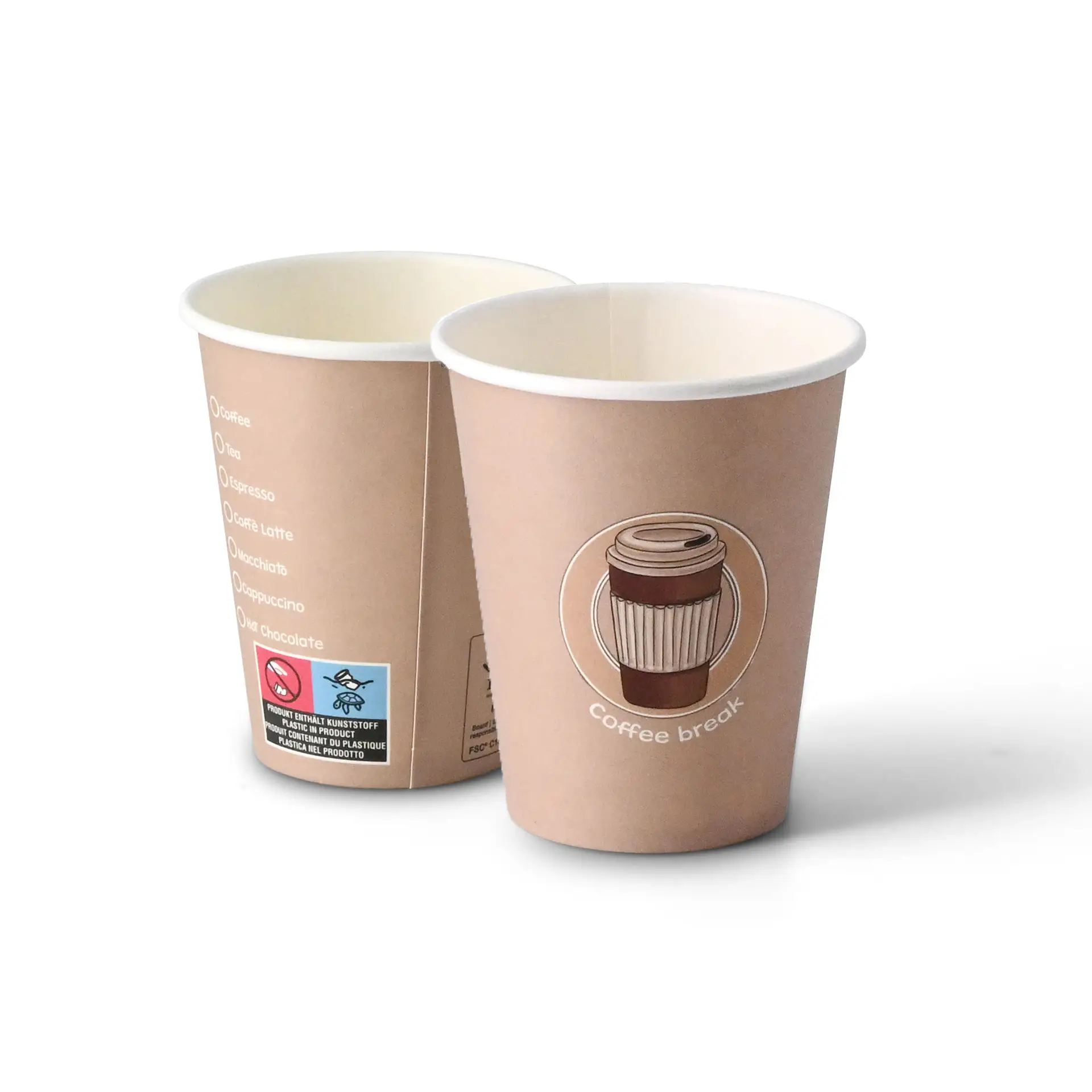Gobelet en carton de 8 oz rond imprimé avec un design de café et l'étiquette "Coffeebreak", montrant deux gobelets sous différents angles.