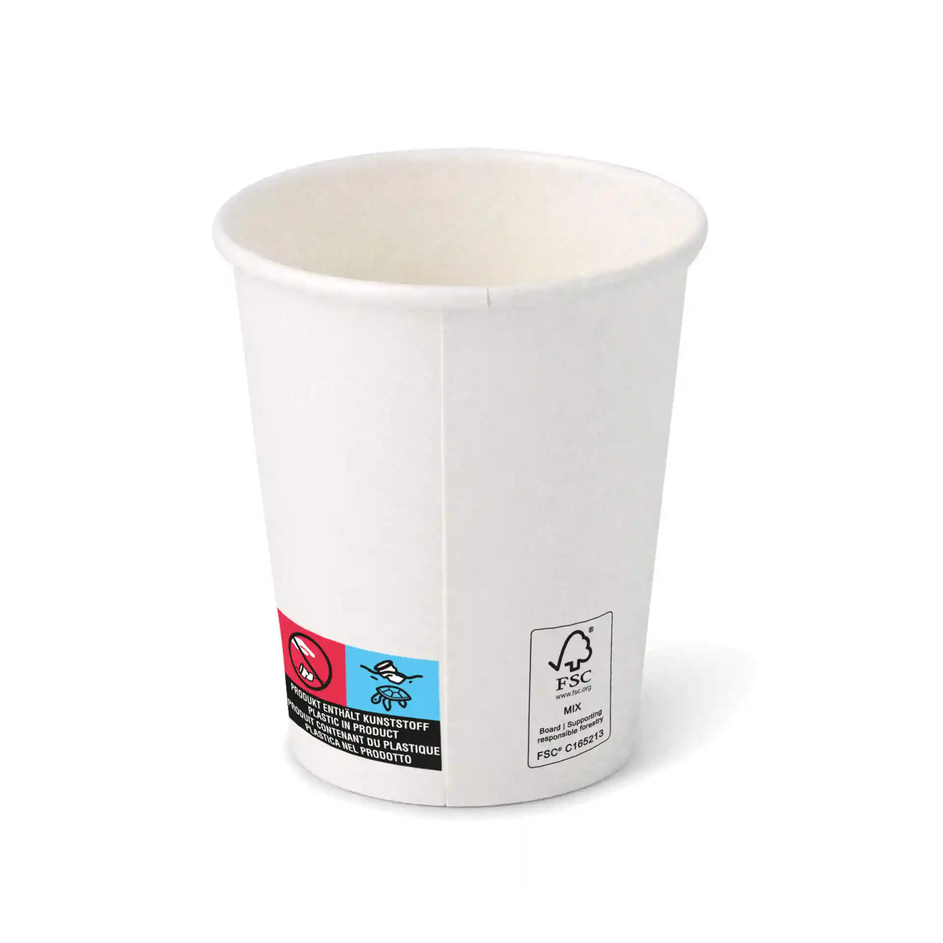Gobelet en papier blanc de forme ronde, capacité de 8 oz, avec une étiquette comportant des symboles et un label de certification.
