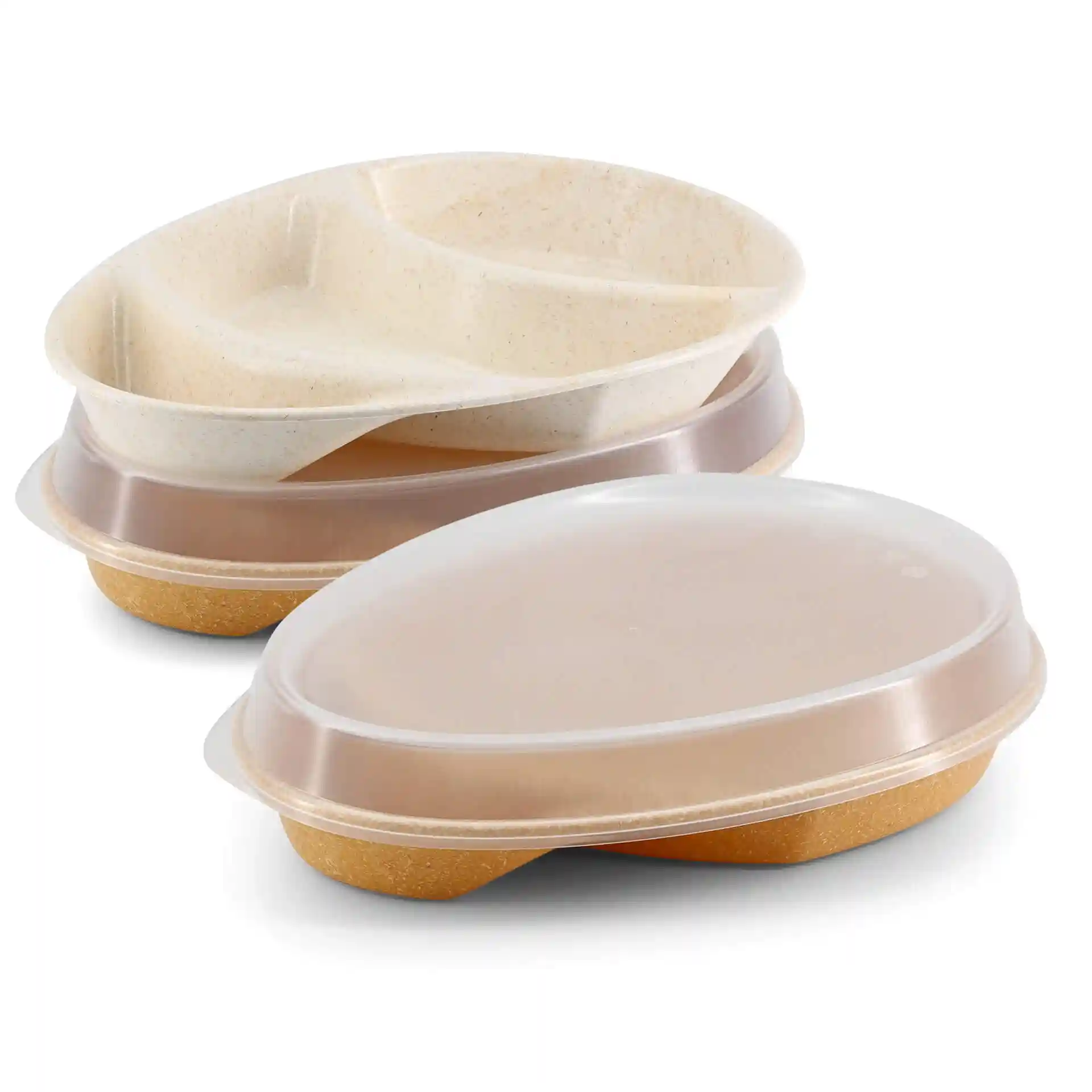 Deux assiettes réutilisables avec des couvercles transparents, l'une avec trois compartiments et l'autre en forme ovale.