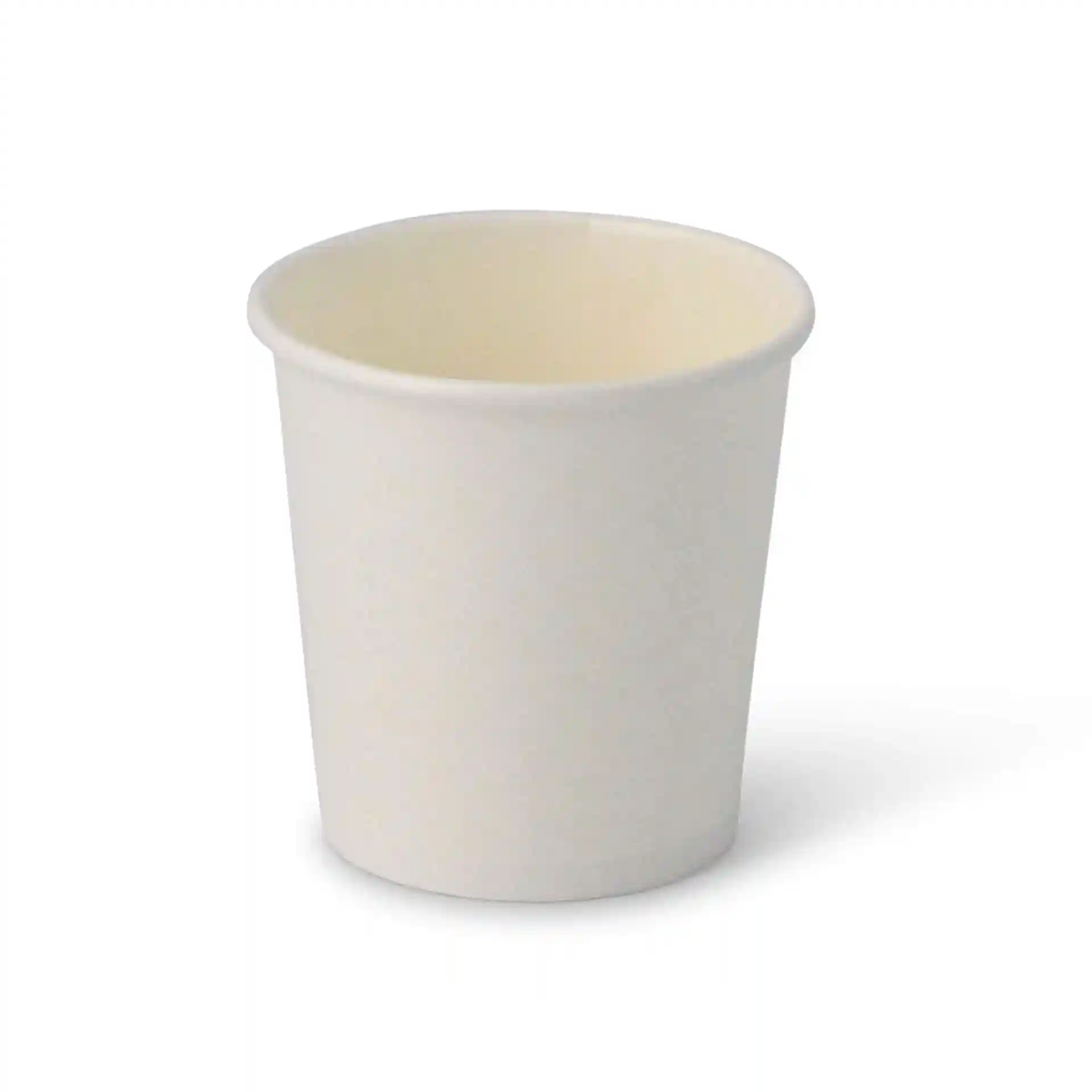 Gobelet en papier blanc de forme ronde, capacité de 4 oz et hauteur de 60 mm sur un fond uni.
