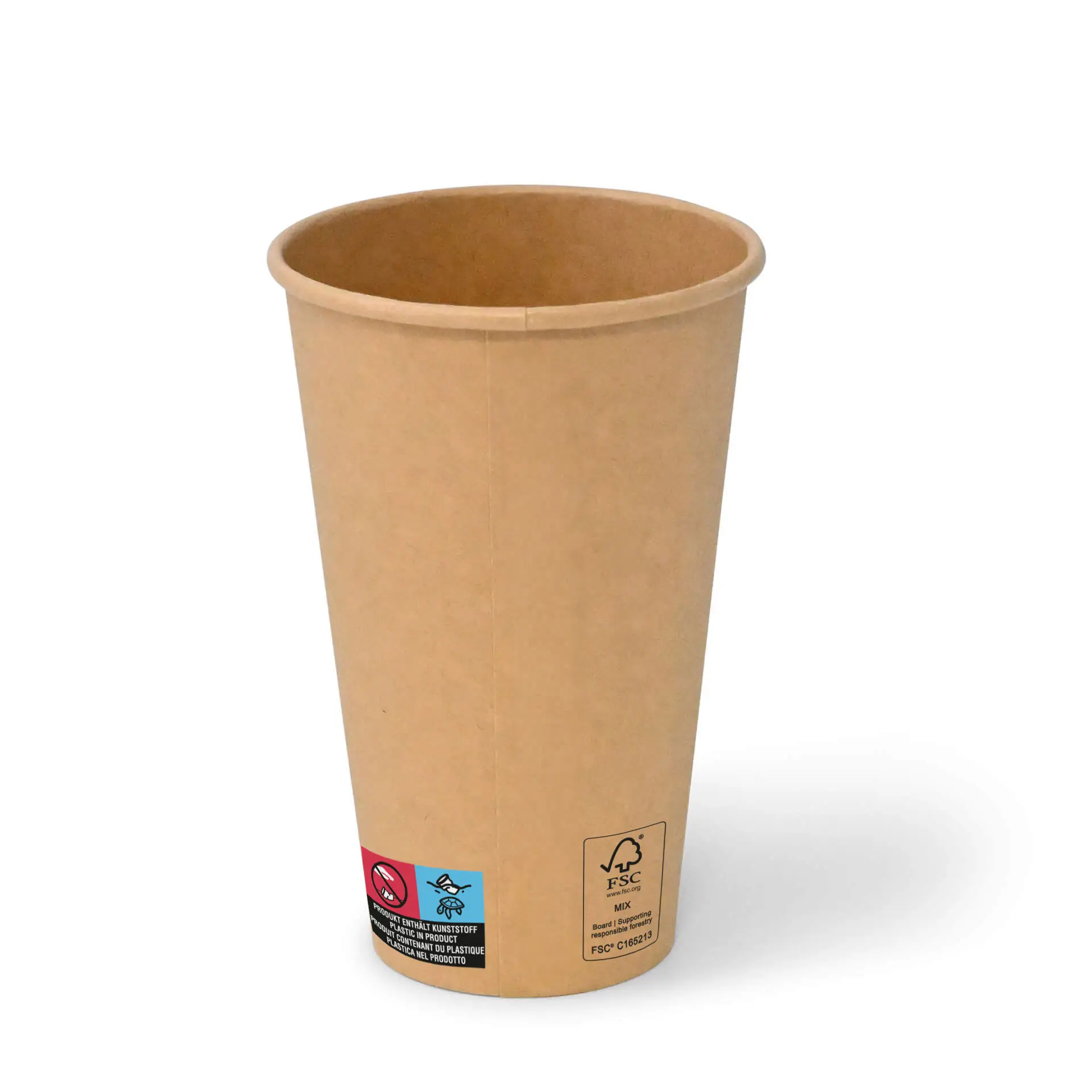 Gobelet en papier brun de 16 oz avec une forme ronde, surface enduite et étiquettes visibles sur le côté.