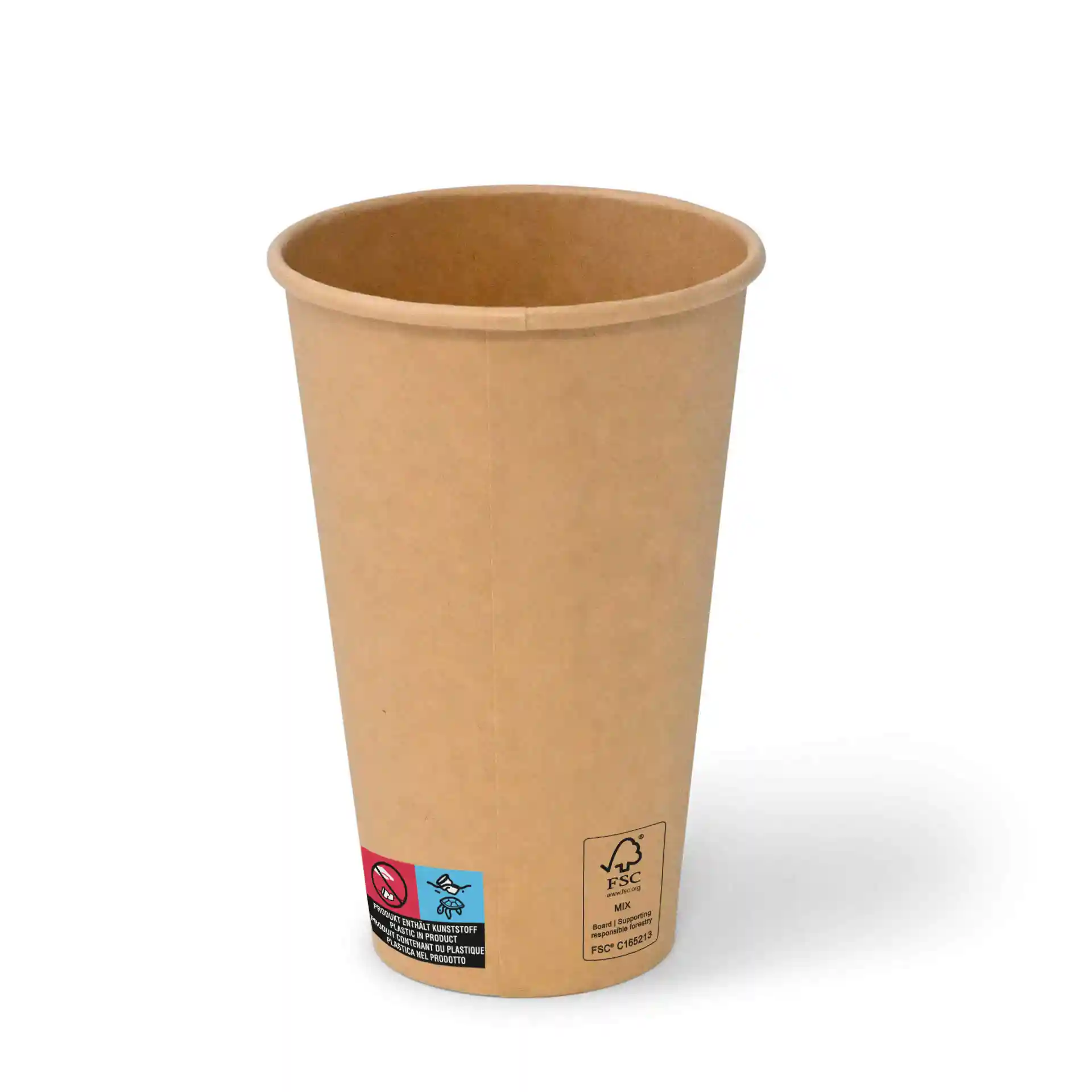 Gobelet en papier brun de 16 oz avec une forme ronde, surface enduite et étiquettes visibles sur le côté.