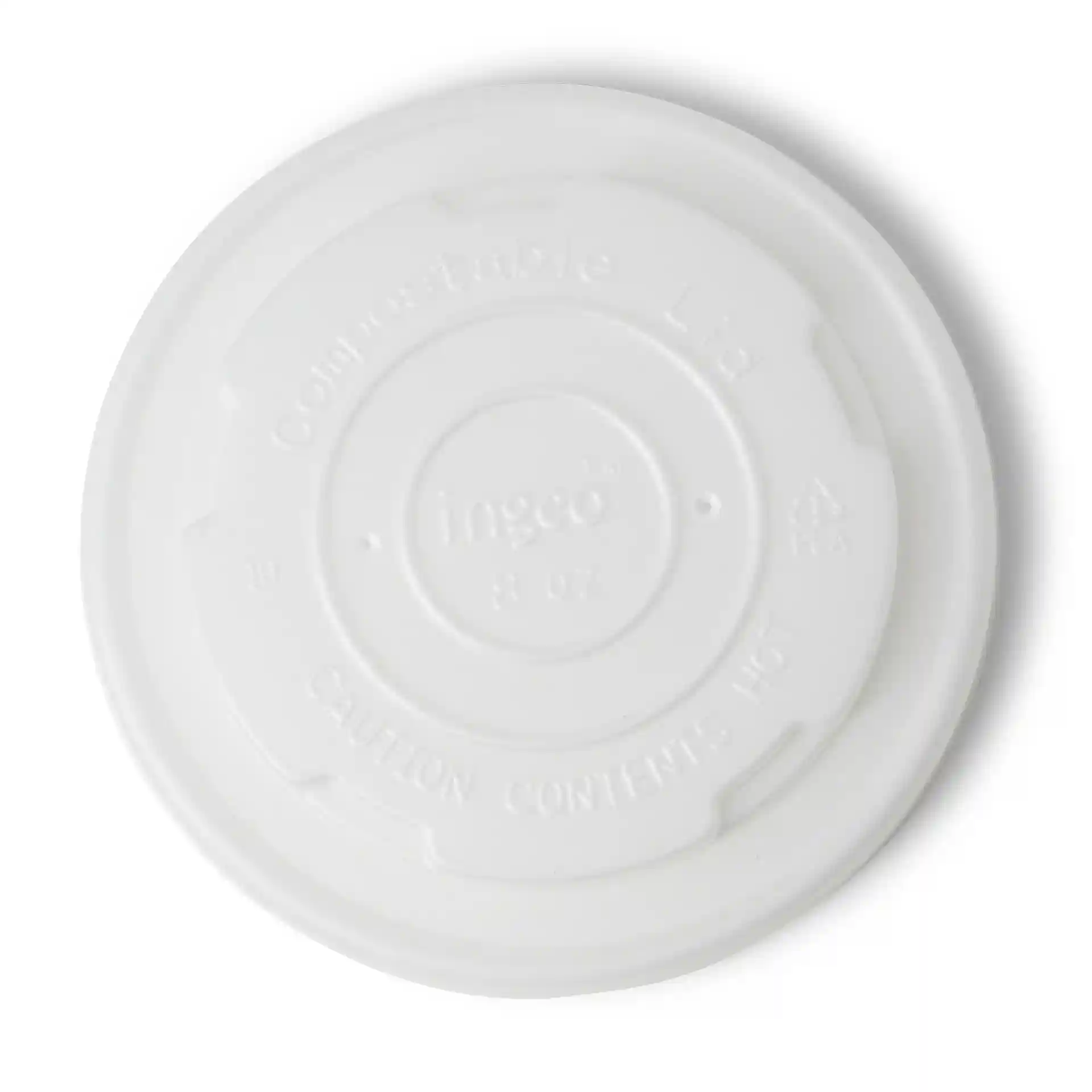 Couvercle plat CPLA blanc de forme ronde, conçu pour des gobelets universels, mesurant 90 mm de diamètre.