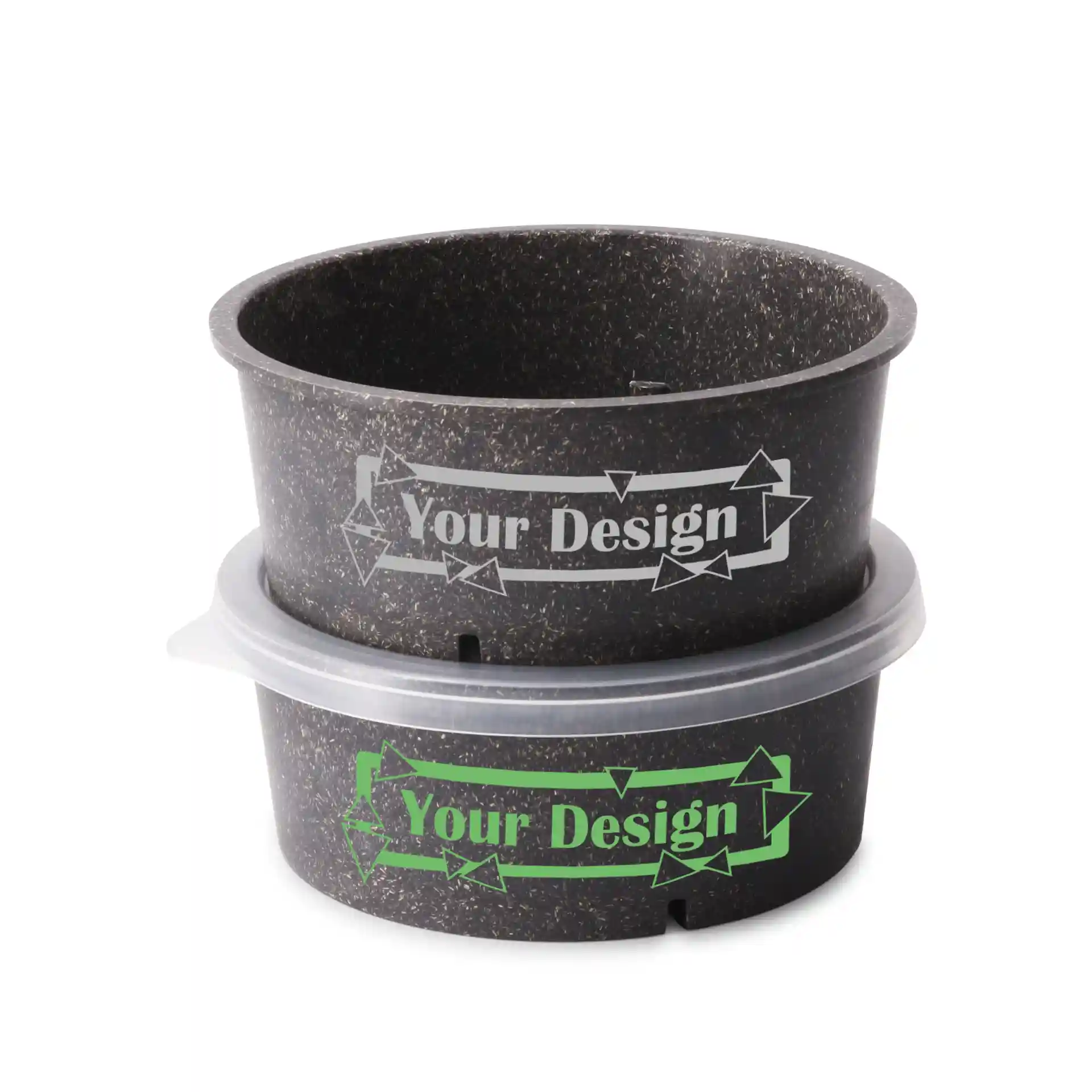 Bol rond gris réutilisable avec design imprimé, capacité de 650 ml, avec un couvercle transparent et un deuxième bol en dessous.