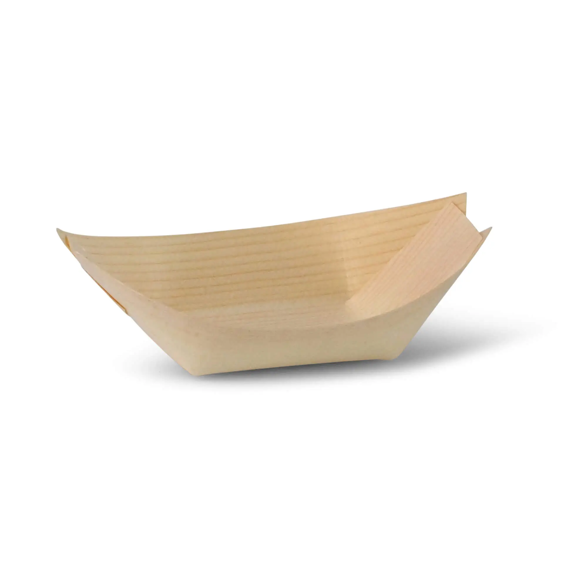 Conteneur en forme de bateau en bois brun, mesurant 11 cm de long, 7 cm de large et 3,2 cm de haut.