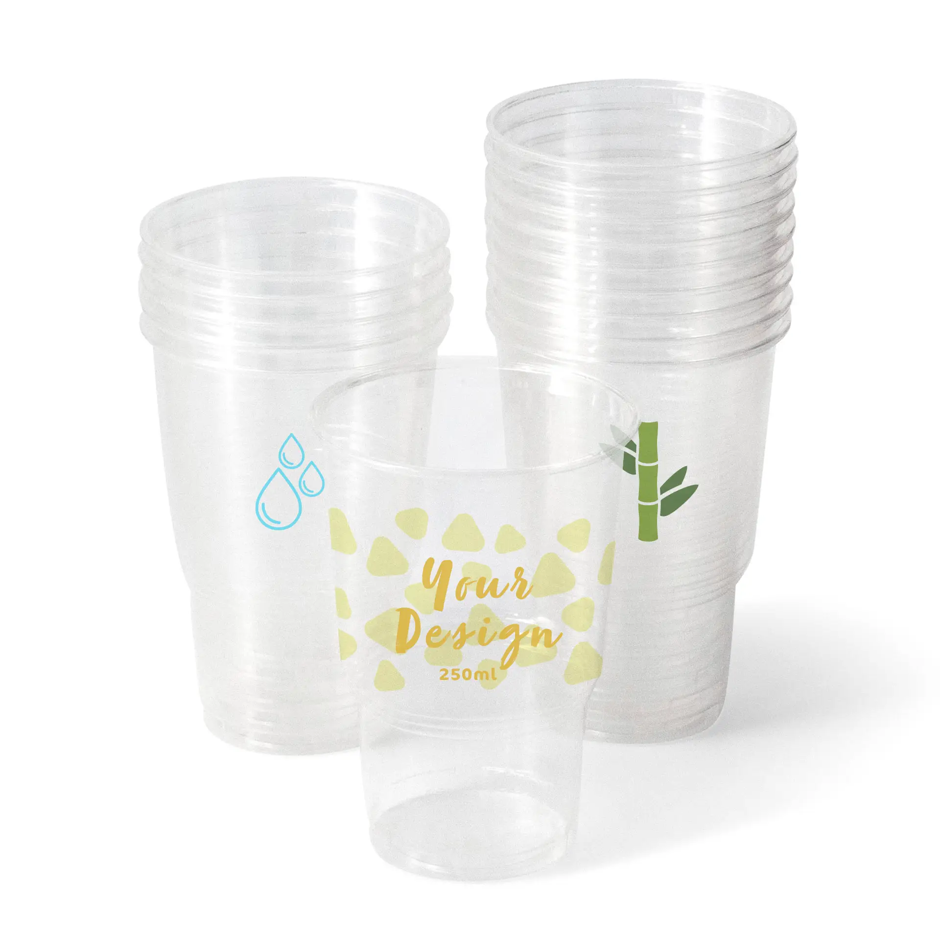 Un gobelet en PLA transparent avec un design jaune personnalisé ; plusieurs gobelets similaires avec des graphismes bleus empilés derrière.