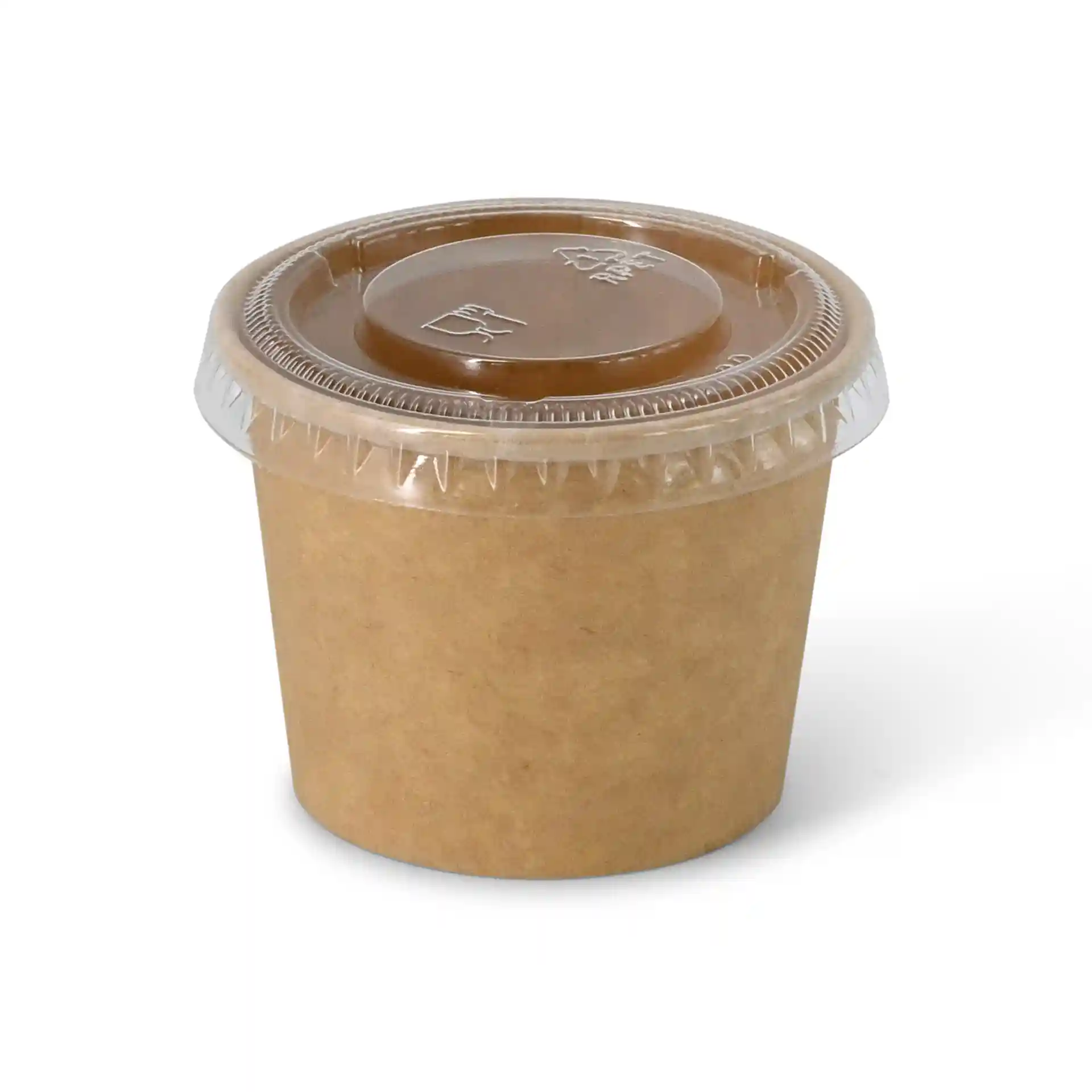 Conteneur rond en plastique brun avec couvercle transparent, capacité de 50 ml et diamètre de 62 mm.