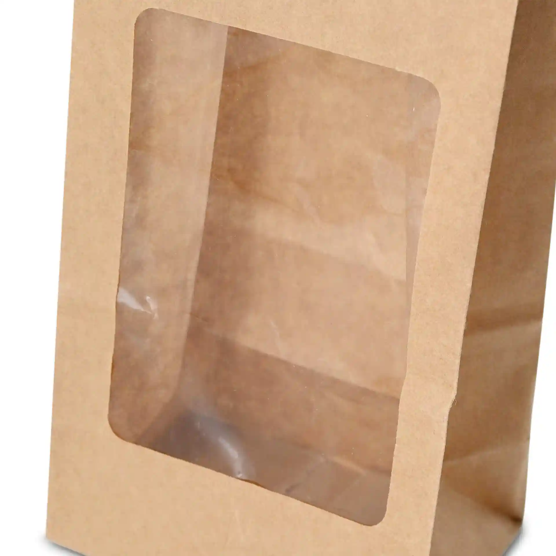 Sac en papier kraft marron avec fenêtre PLA transparente, mesurant 10 x 6 x 19,5 cm.